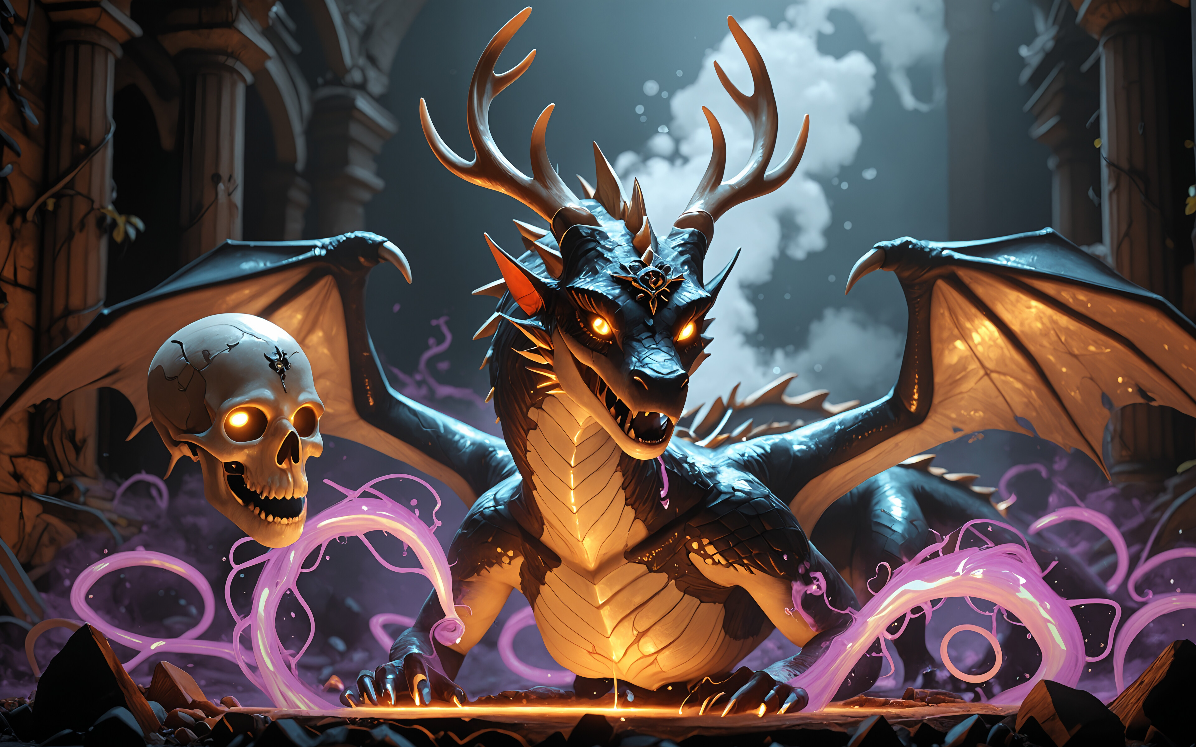 A powerful-looking black dragon with large golden antlers and glowing blue eyes and chest, standing inside a glowing blue circle on the ground of an ancient stone temple.