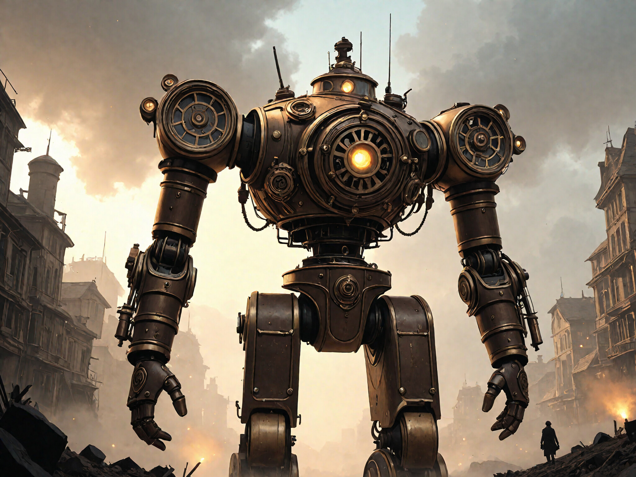A giant steampunk robot made of bronze and gears stands on a cobblestone street in a foggy, industrial-era city, with small human figures looking on from below.