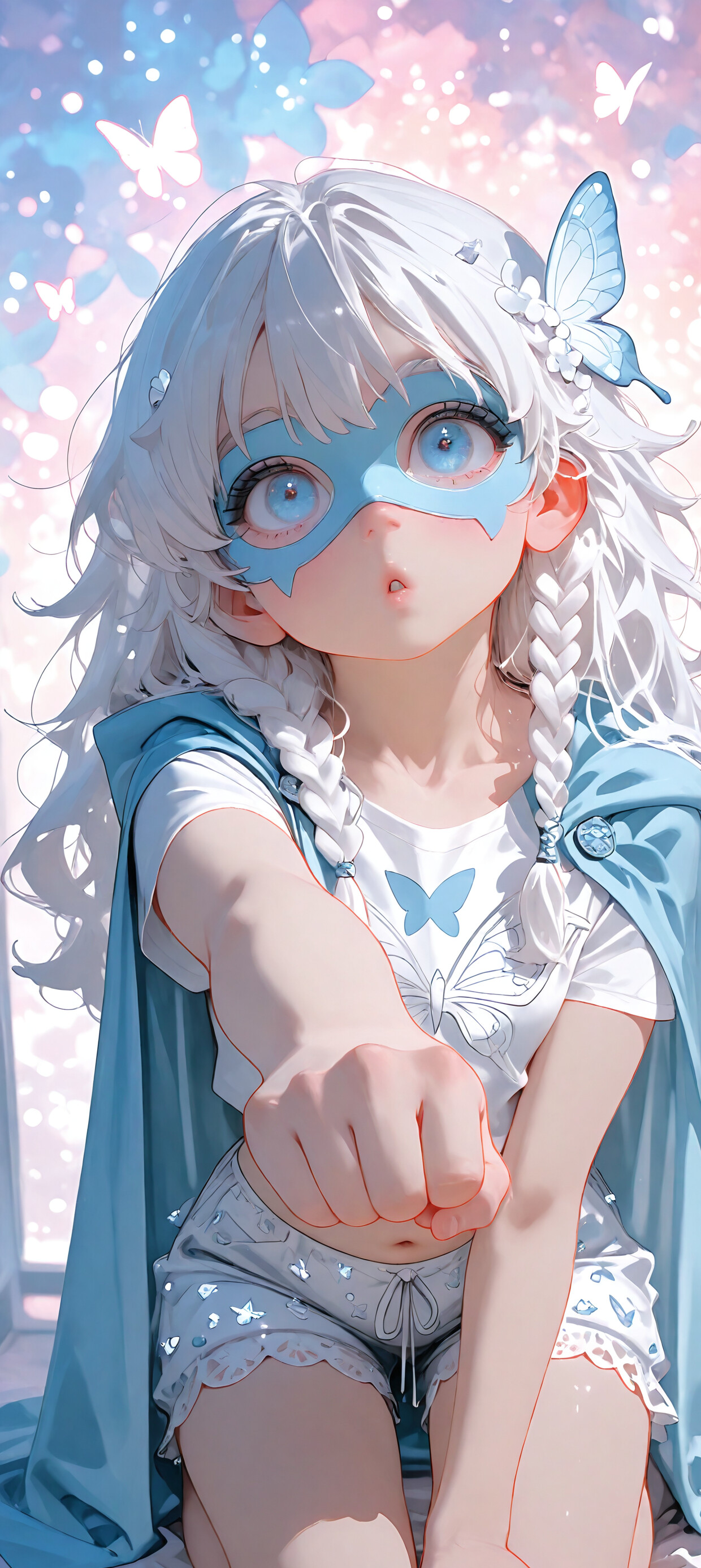 An anime girl with long white hair, braids, light blue eyes, and a white domino mask, wearing a blue cape and shorts, extends her fist towards the camera with a surprised look.
