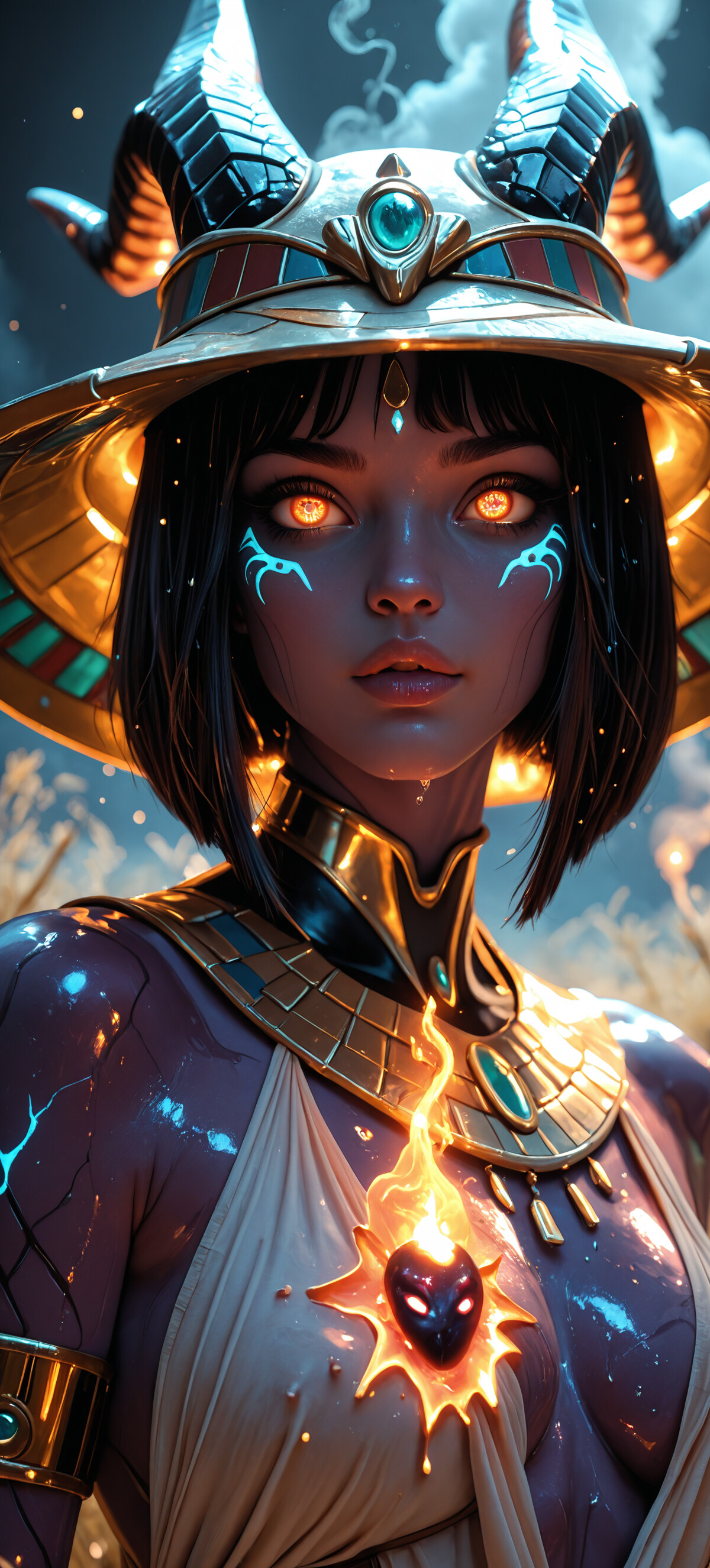 A close-up portrait of a fantasy woman with short black hair, glowing cyan eyes, and an ornate black and gold horned hat. She wears armor that looks like the night sky and has a large purple dragon tail behind her, standing in a golden field.