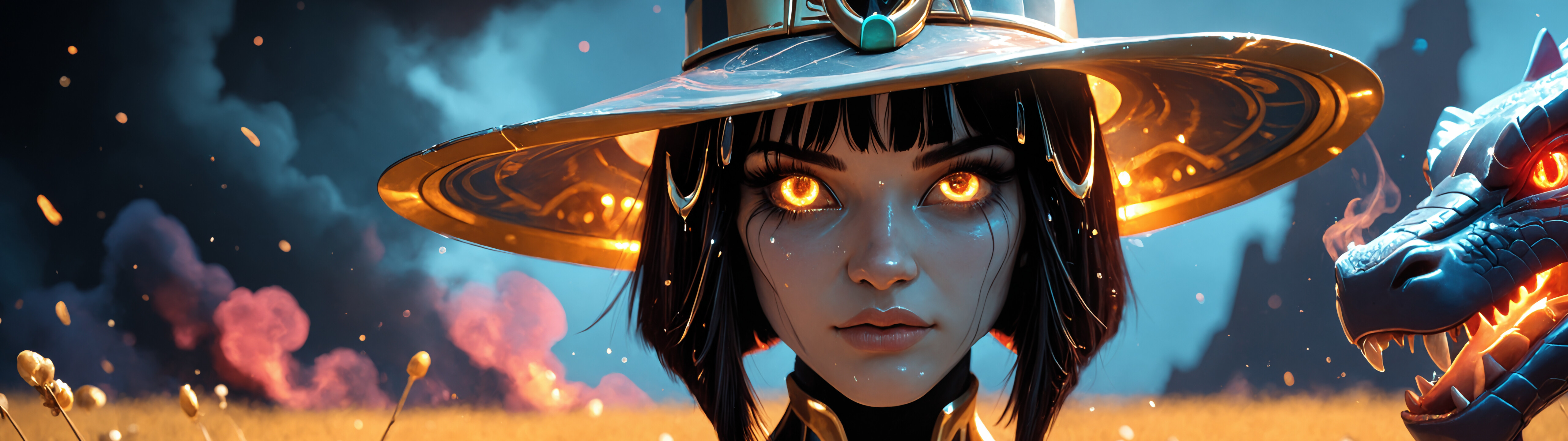 A close-up portrait of a fantasy woman with short black hair, glowing cyan eyes, and an ornate black and gold horned hat. She wears armor that looks like the night sky and has a large purple dragon tail behind her, standing in a golden field.