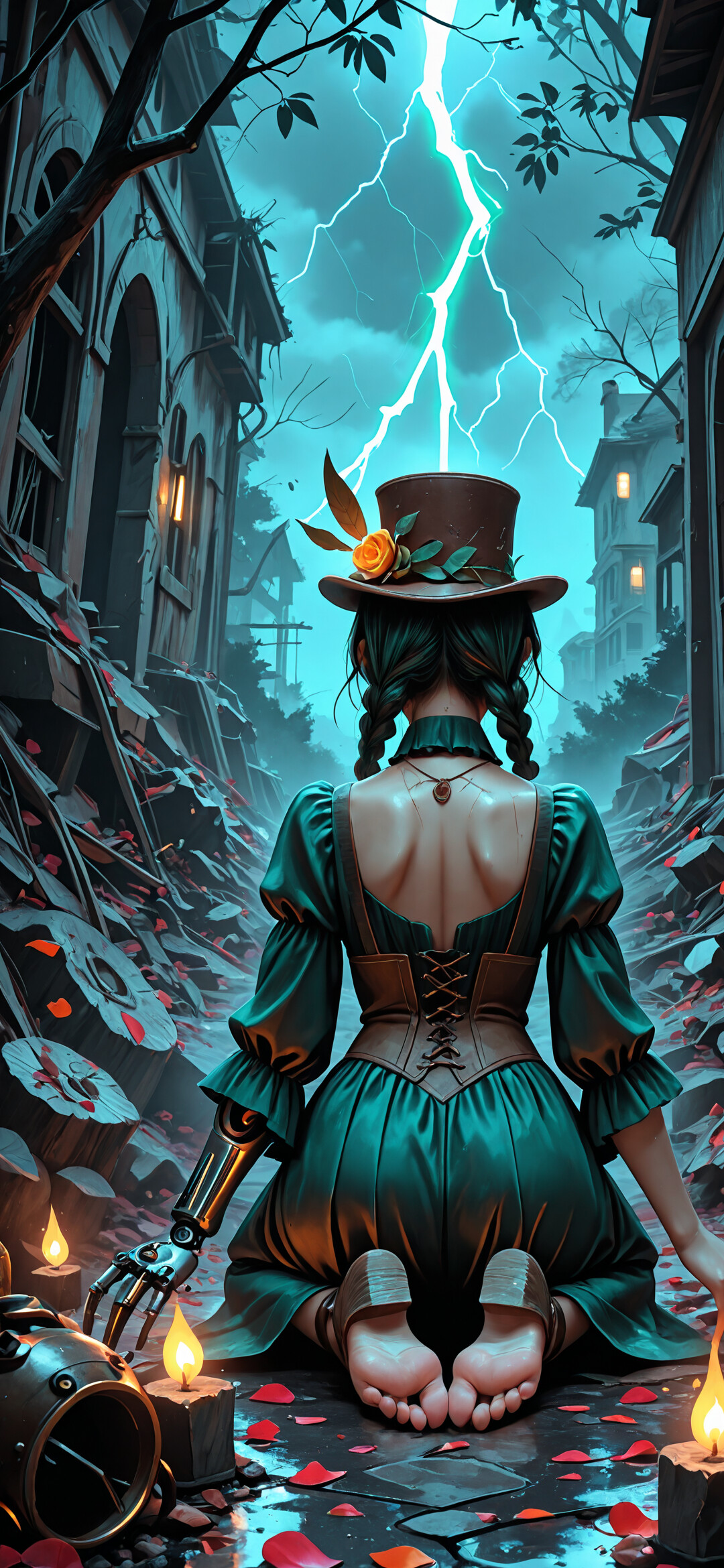 A woman with green hair in a steampunk outfit, featuring a top hat and mechanical arms, kneels from behind in a dark, stormy city alley lit by candles and lightning.