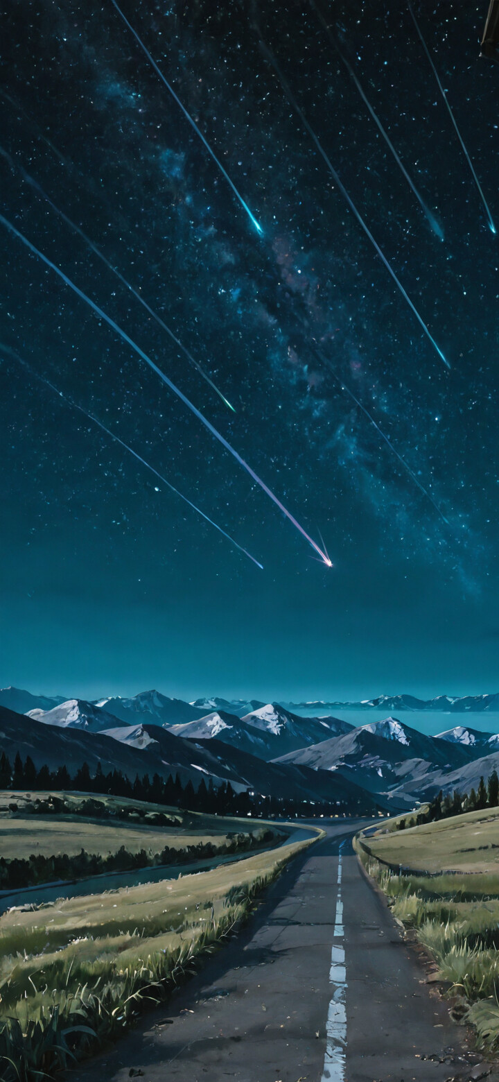An illustration from the anime 'Your Name.' depicting a vibrant meteor shower and a large splitting comet in the night sky over a country road that winds towards distant, snow-capped mountains.