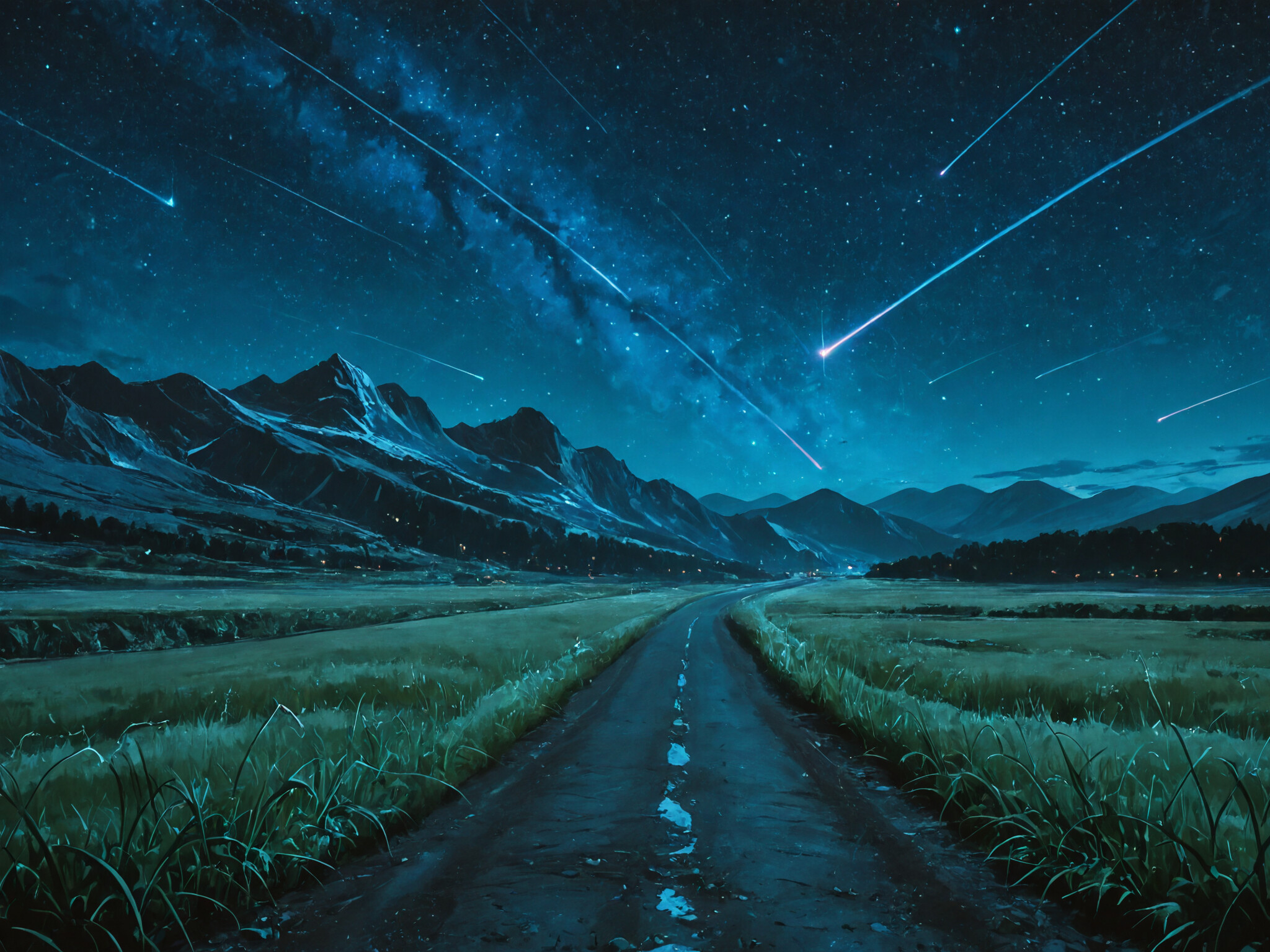 An illustration from the anime 'Your Name.' depicting a vibrant meteor shower and a large splitting comet in the night sky over a country road that winds towards distant, snow-capped mountains.