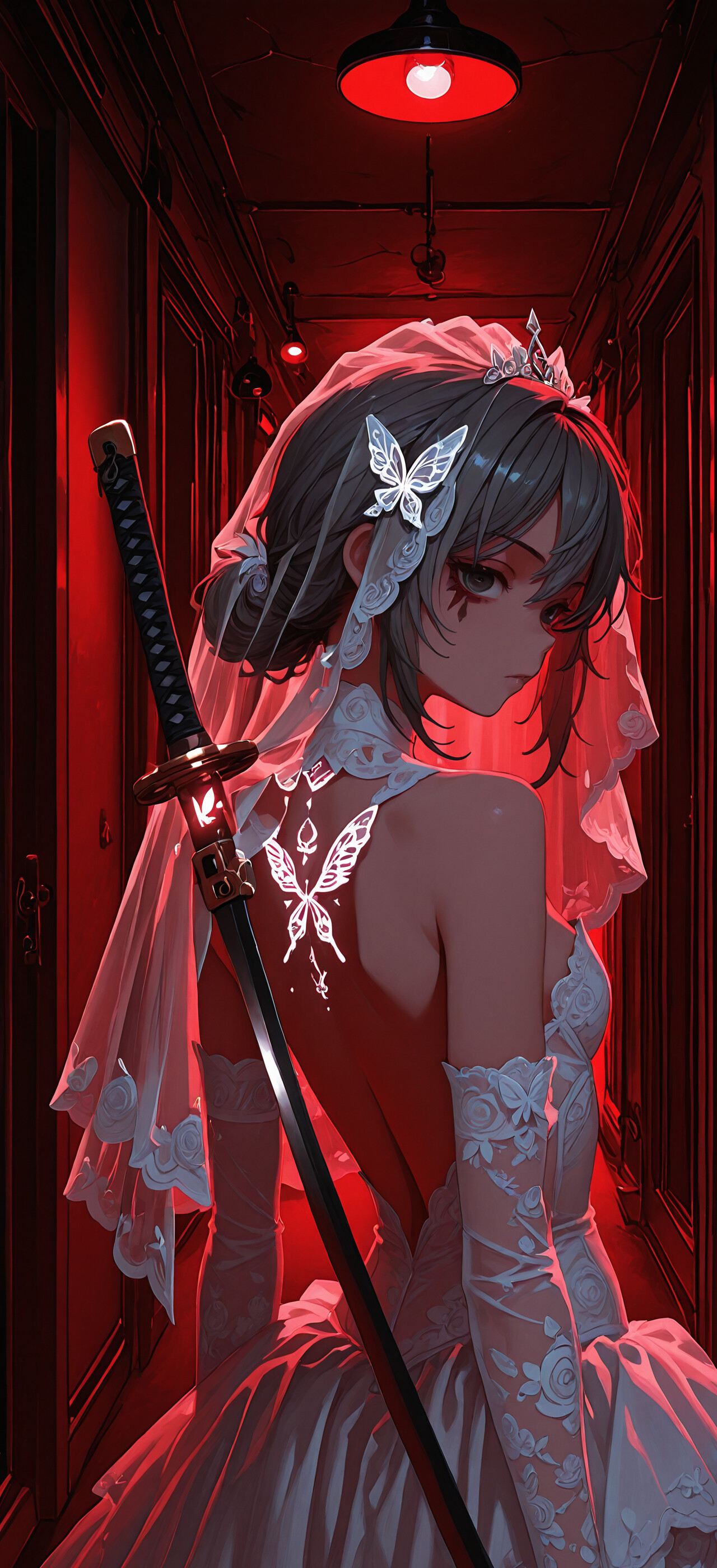 An anime illustration of a young woman with short gray hair in a backless white wedding dress and veil, looking over her shoulder while carrying a katana in a dark corridor lit by red lights.
