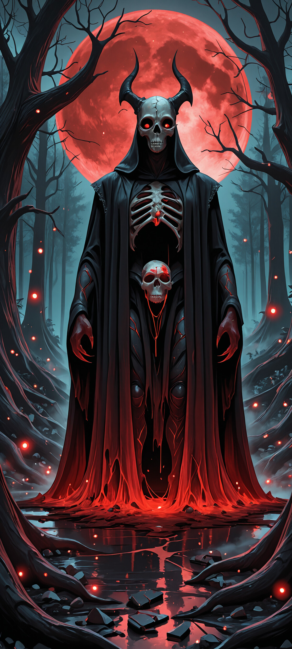 A skeletal figure in a black hooded robe sits on a dark throne in a spooky forest, holding a human skull. A giant blood-red moon hangs in the sky behind it, casting a red glow on the scene.