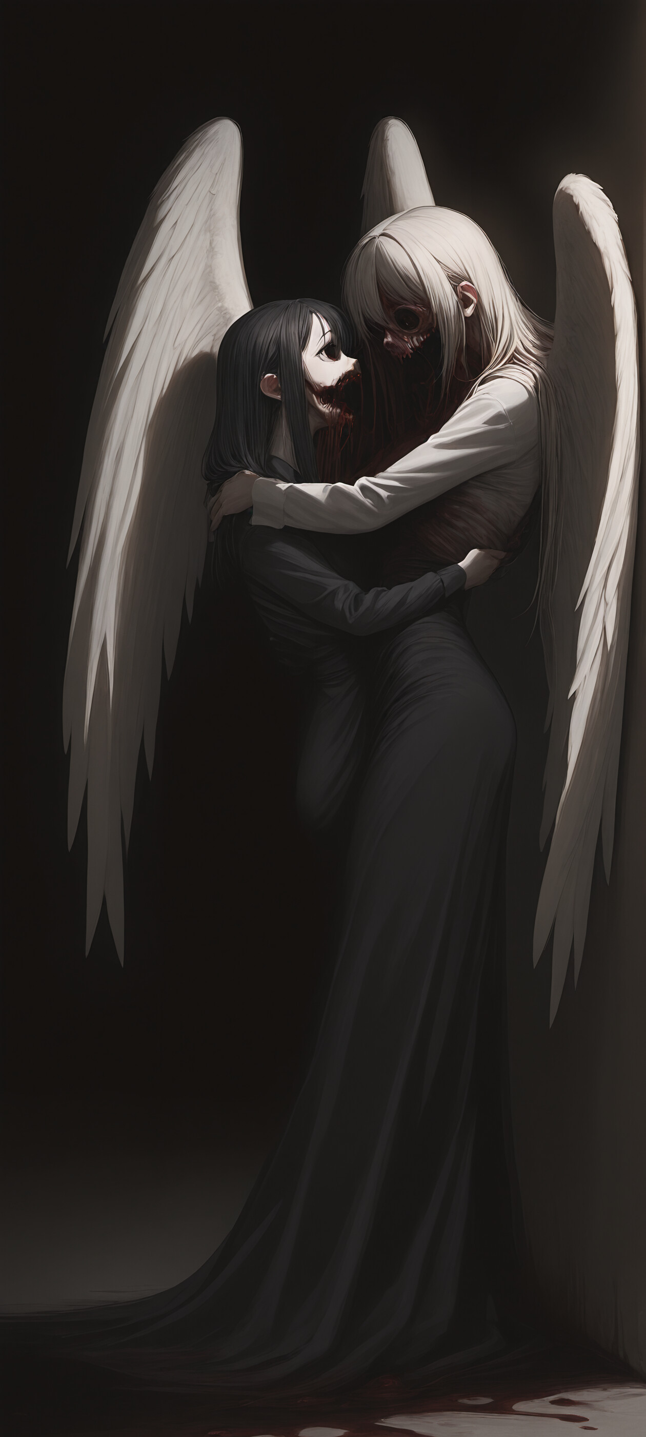 A sorrowful angel with long white hair and large white wings, hunched over in a dark room. The angel wears a dark red gown and stands in a pool of blood.