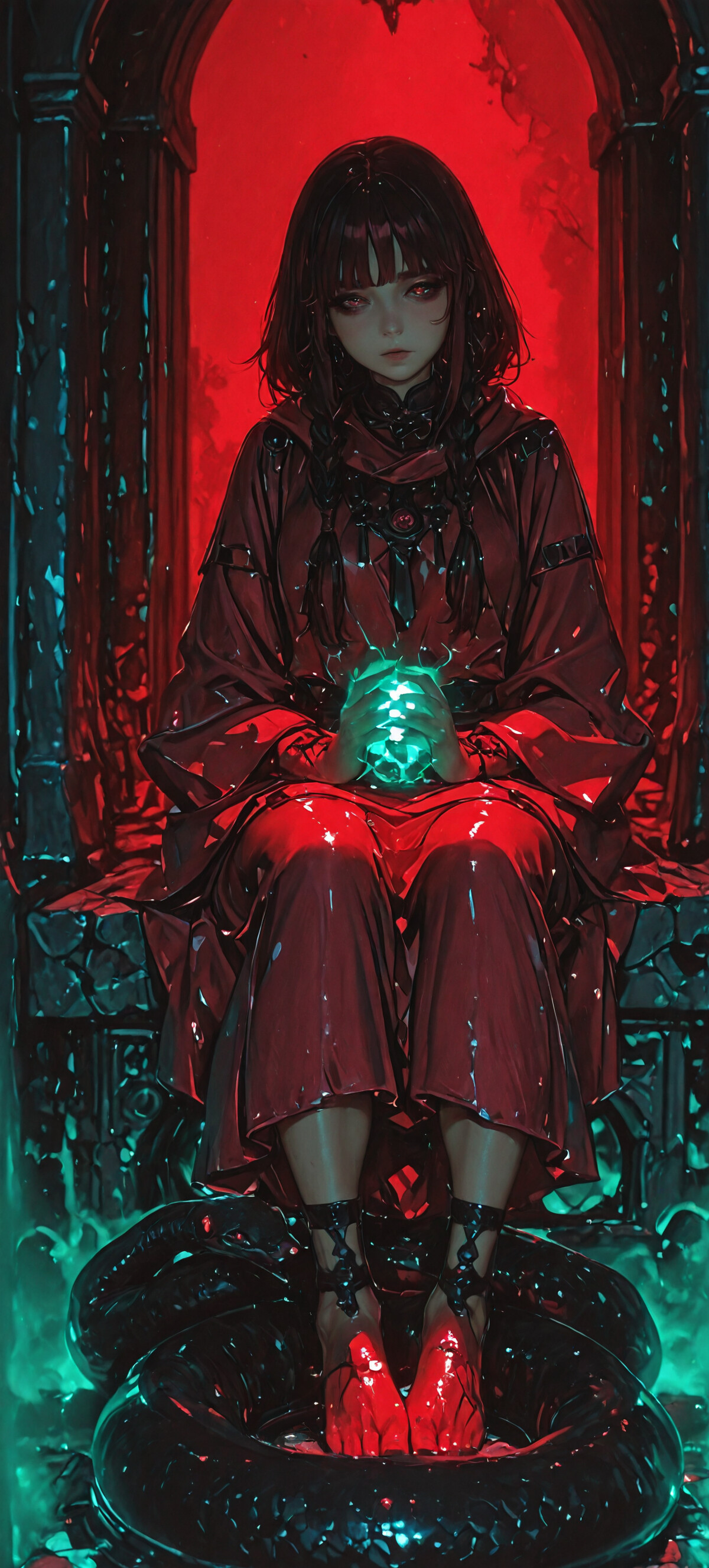 An anime-style illustration of a young woman with black hair and glowing red eyes, dressed in a red robe, sitting on a dark, gothic throne. A giant serpent is coiled at her feet, and a large, glowing red circular window is behind her.