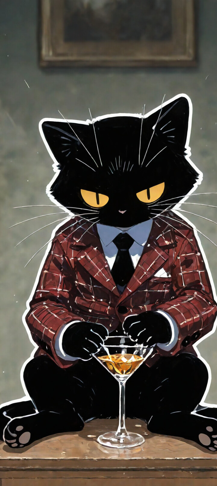 An illustration of an anthropomorphic black cat wearing a blue plaid suit, sitting thoughtfully at a wooden desk with a glass of a clear drink.