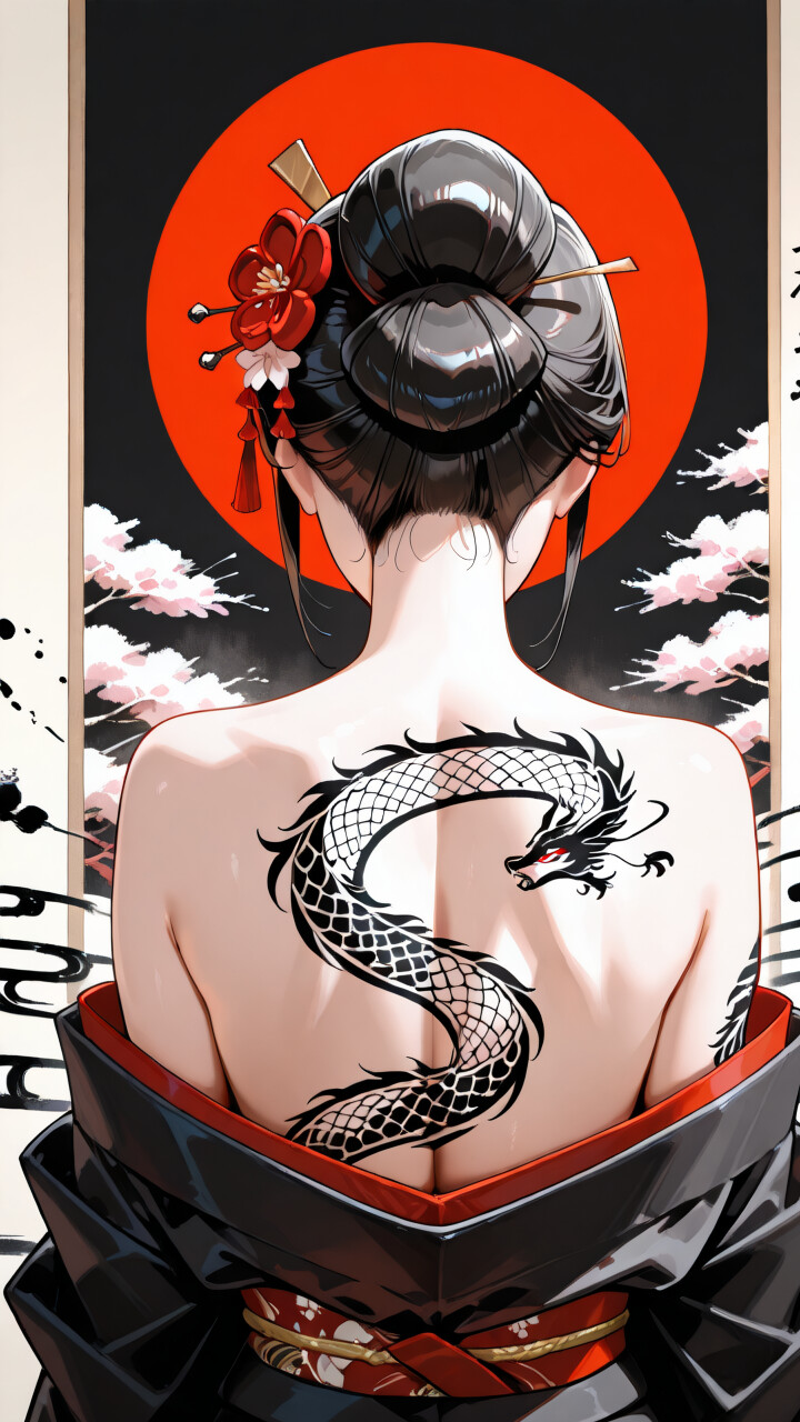 An anime-style illustration of a woman with black hair in an updo and a large dragon tattoo on her back, wearing a black kimono. She is seen from behind, looking over her shoulder against a background with a red moon and cherry blossoms.