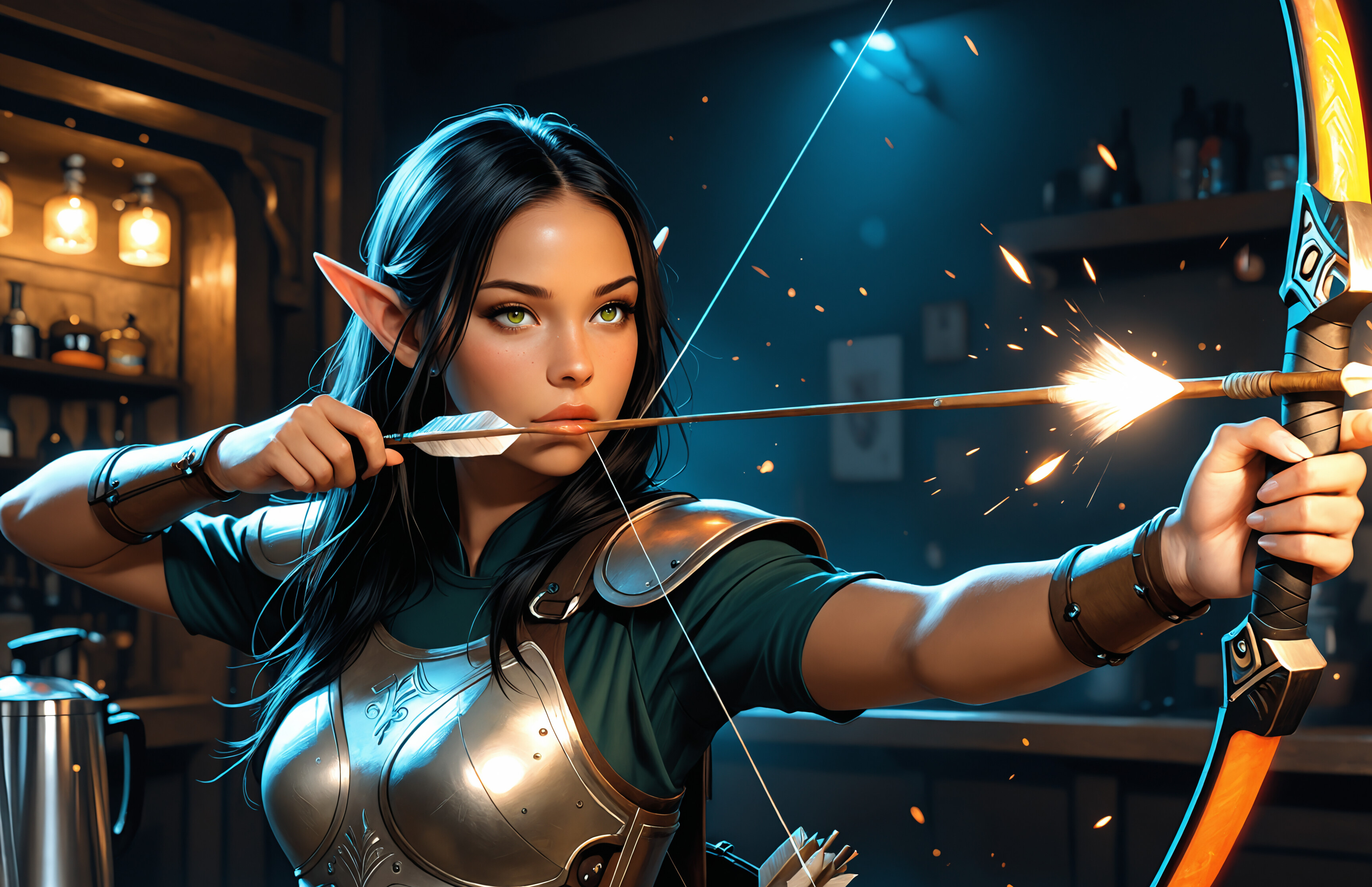 A beautiful female elf with long black hair, pointy ears, and green eyes, aiming a bow and arrow in a dimly lit room. She wears green armor and the tip of her arrow is glowing.