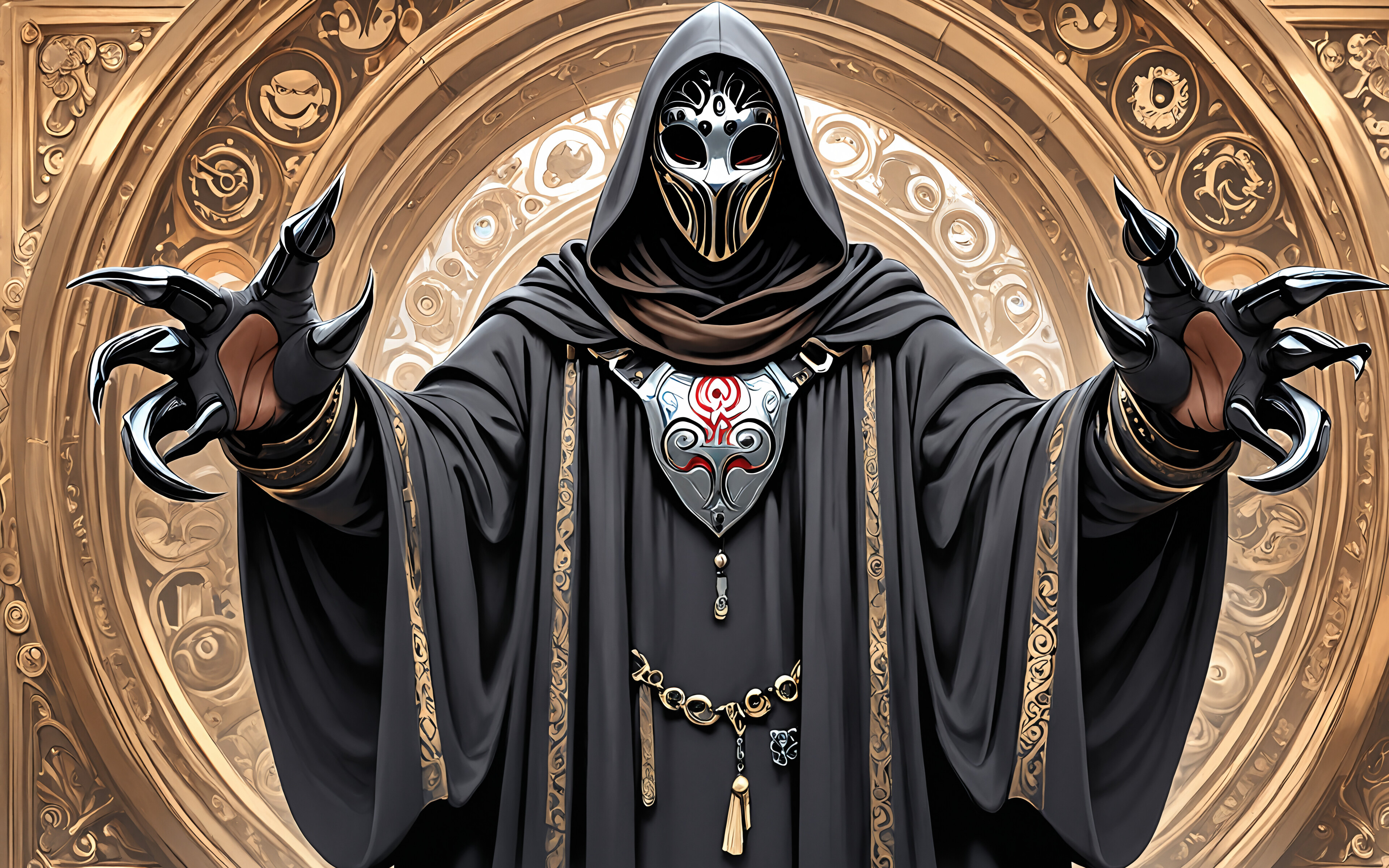 A portrait of a person wearing a dark hooded cloak and an intricate silver and gold mask designed to look like an ornate skull with teeth.
