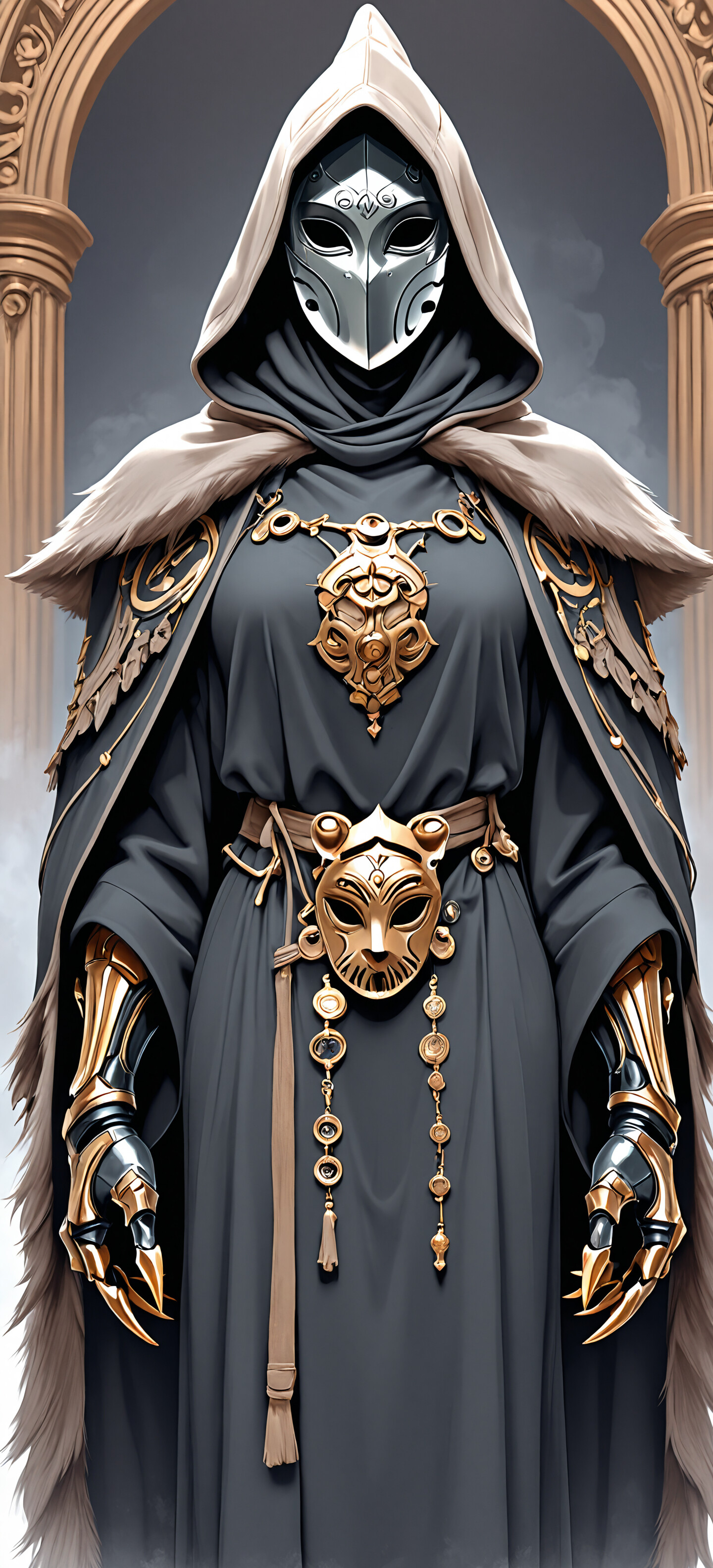 A portrait of a person wearing a dark hooded cloak and an intricate silver and gold mask designed to look like an ornate skull with teeth.
