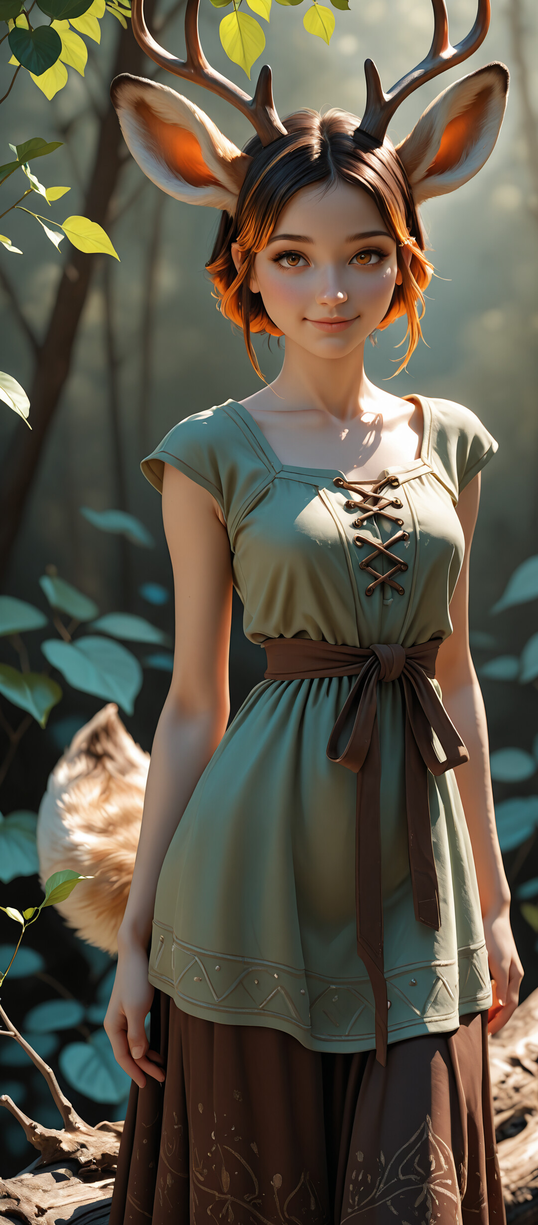 A digital portrait of a young woman with large, furry fox ears, a small golden crown, and a fluffy tail, wearing a green medieval-style dress while standing in a sunlit forest.