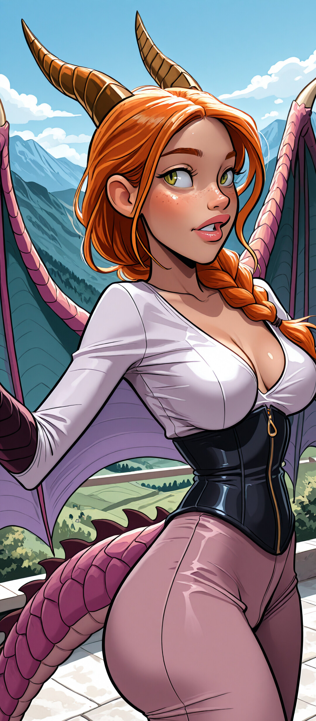 A full-body illustration of a young woman with long, braided red hair, golden horns, and large, colorful dragon wings. She is wearing a tight purple bodysuit and standing in a scenic mountain landscape with green hills.