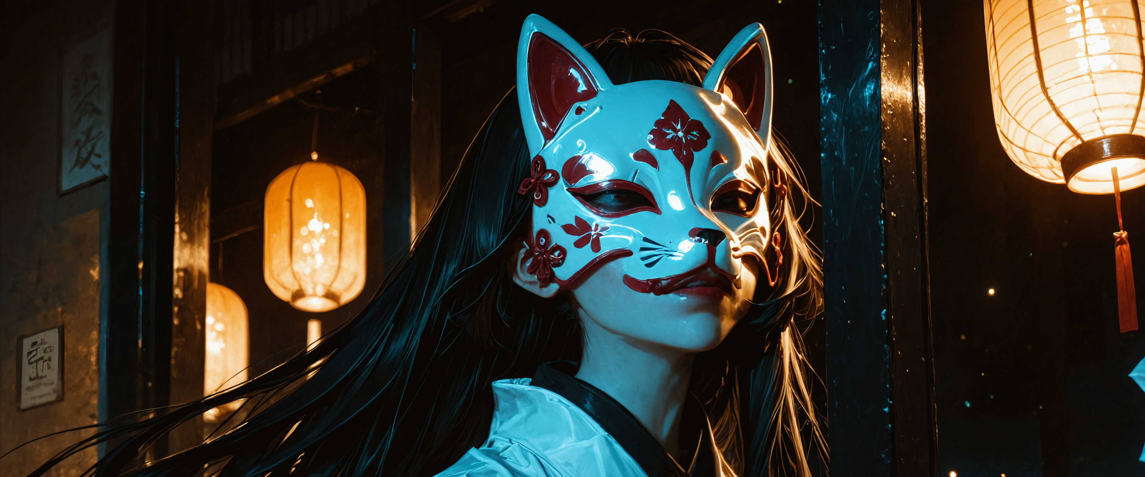 A close-up portrait of a woman with long black hair wearing an intricate white and red Japanese fox mask and a white kimono, standing indoors at night with glowing paper lanterns behind her.
