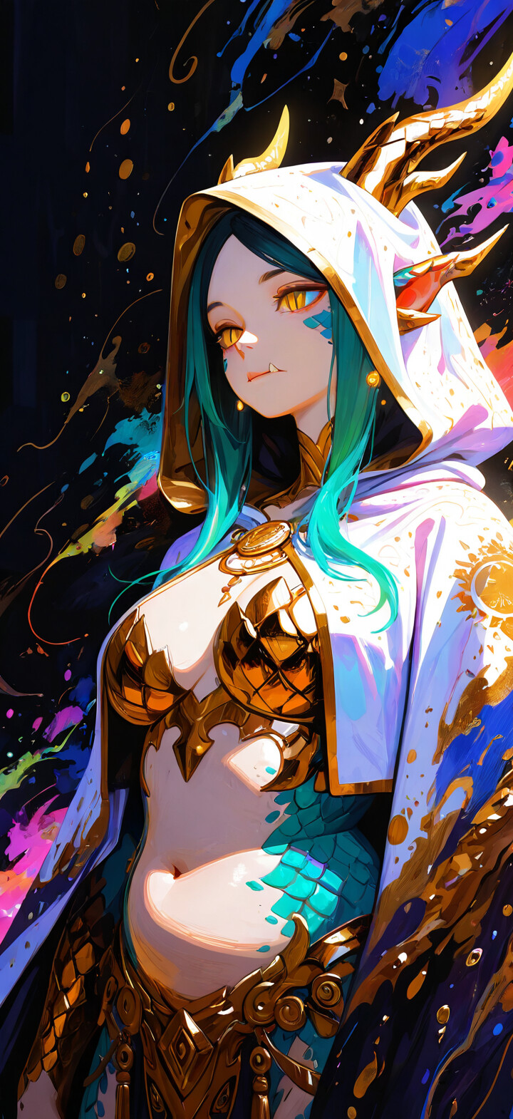 An anime-style illustration of a fantasy girl with turquoise hair, glowing golden horns, and reptilian yellow eyes, wearing a dark blue hooded cloak with gold trim.