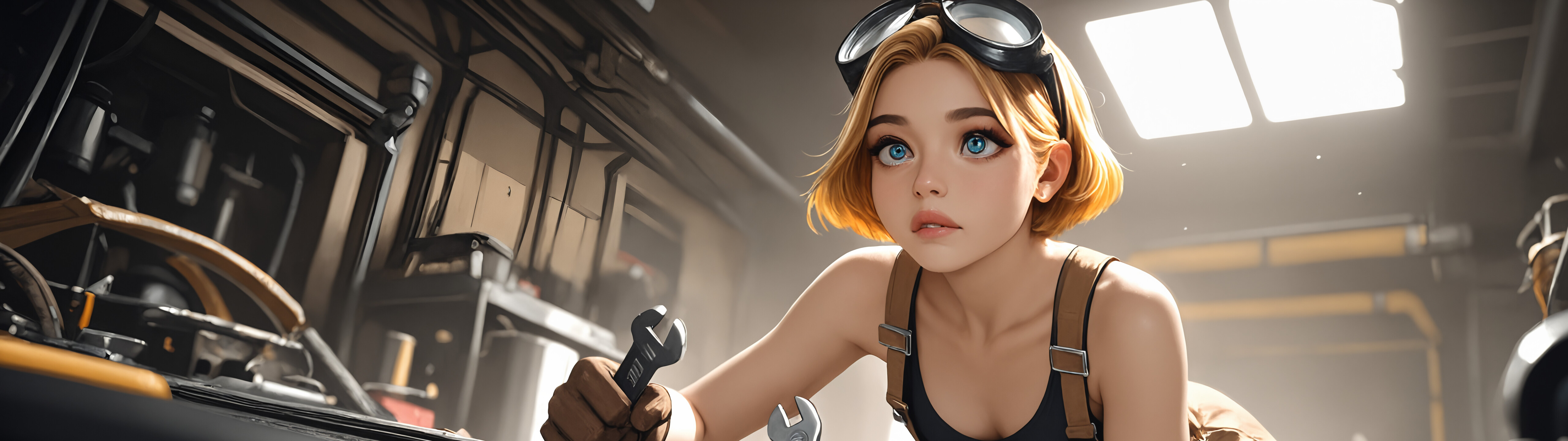 A digital illustration of a young woman with short blonde hair and blue eyes dressed as a mechanic. She is wearing a black tank top, brown overalls, gloves, and has goggles on her head while holding a wrench in a garage.