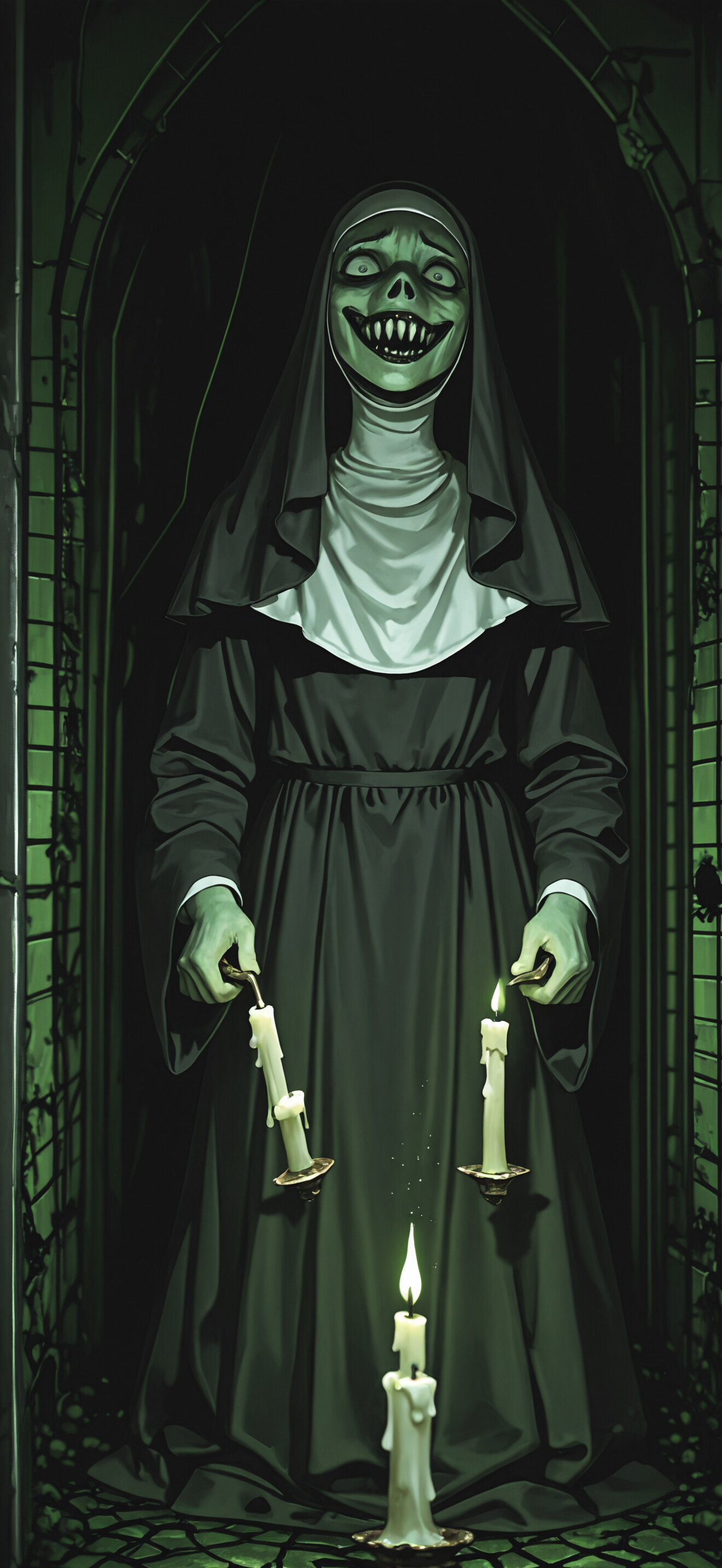 A horror illustration of a green-skinned nun with a terrifyingly wide smile and sharp teeth, holding two lit candles in a dark, spooky stone hallway.