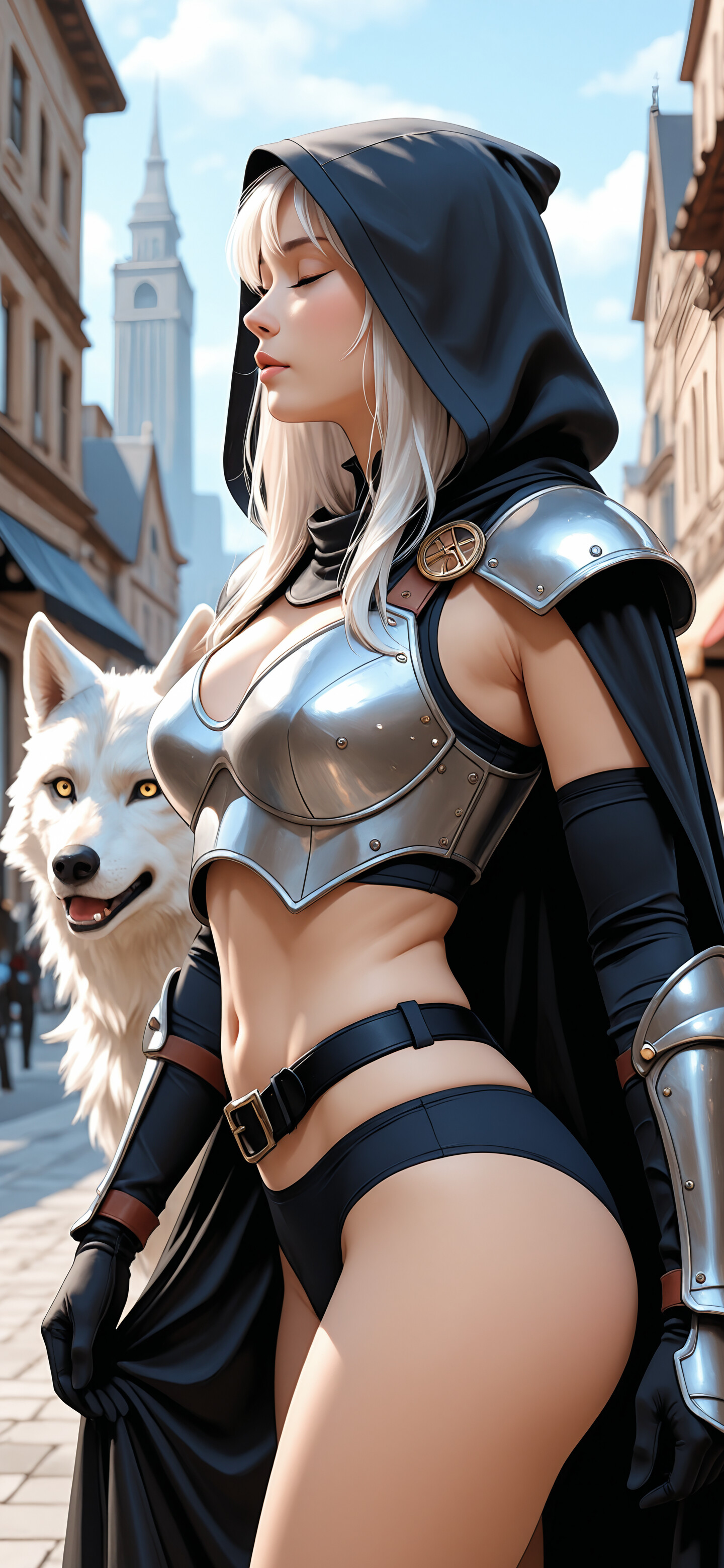 A young woman with white hair in a black hood and silver armor stands with her eyes closed on a city street, accompanied by a large white wolf.