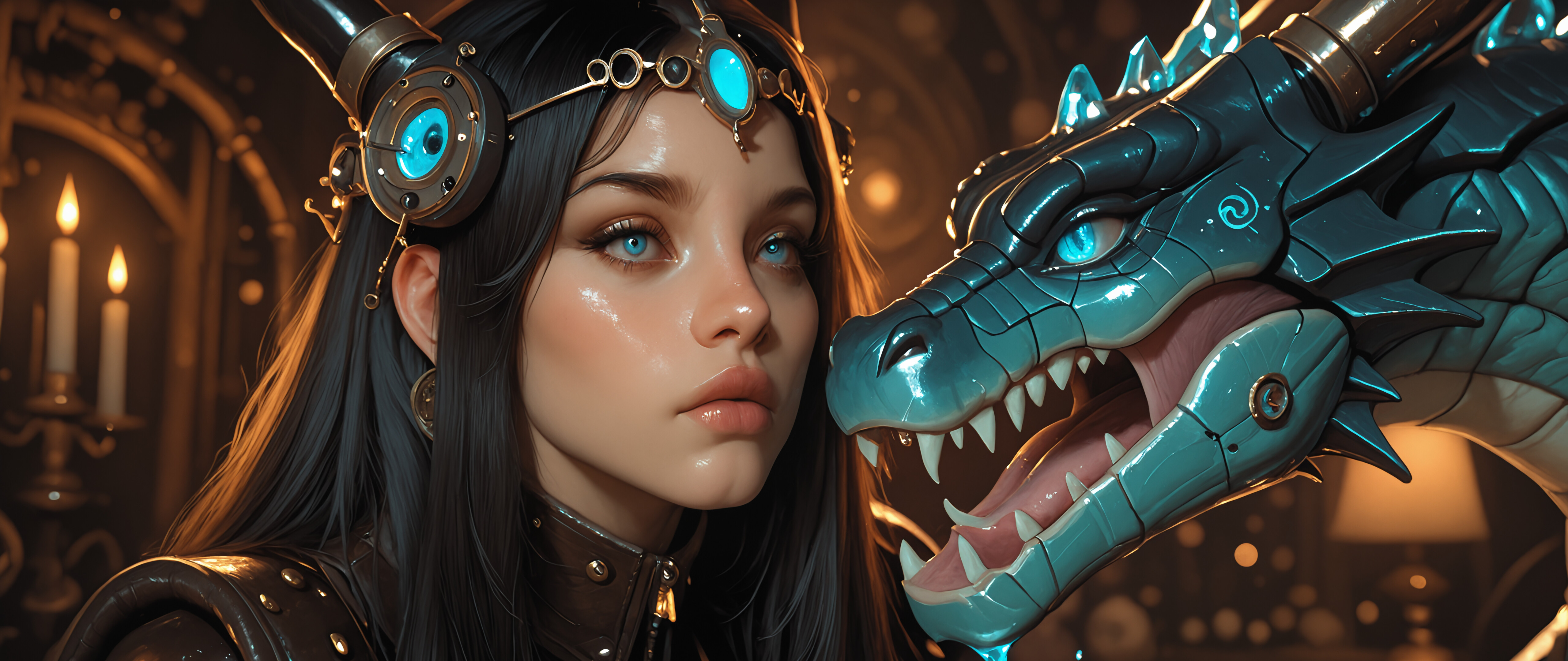 A close-up portrait of a beautiful woman with long black hair, piercing blue eyes, and large, dark horns. She is wearing a steampunk-inspired circlet with a blue gem and ornate dark armor.
