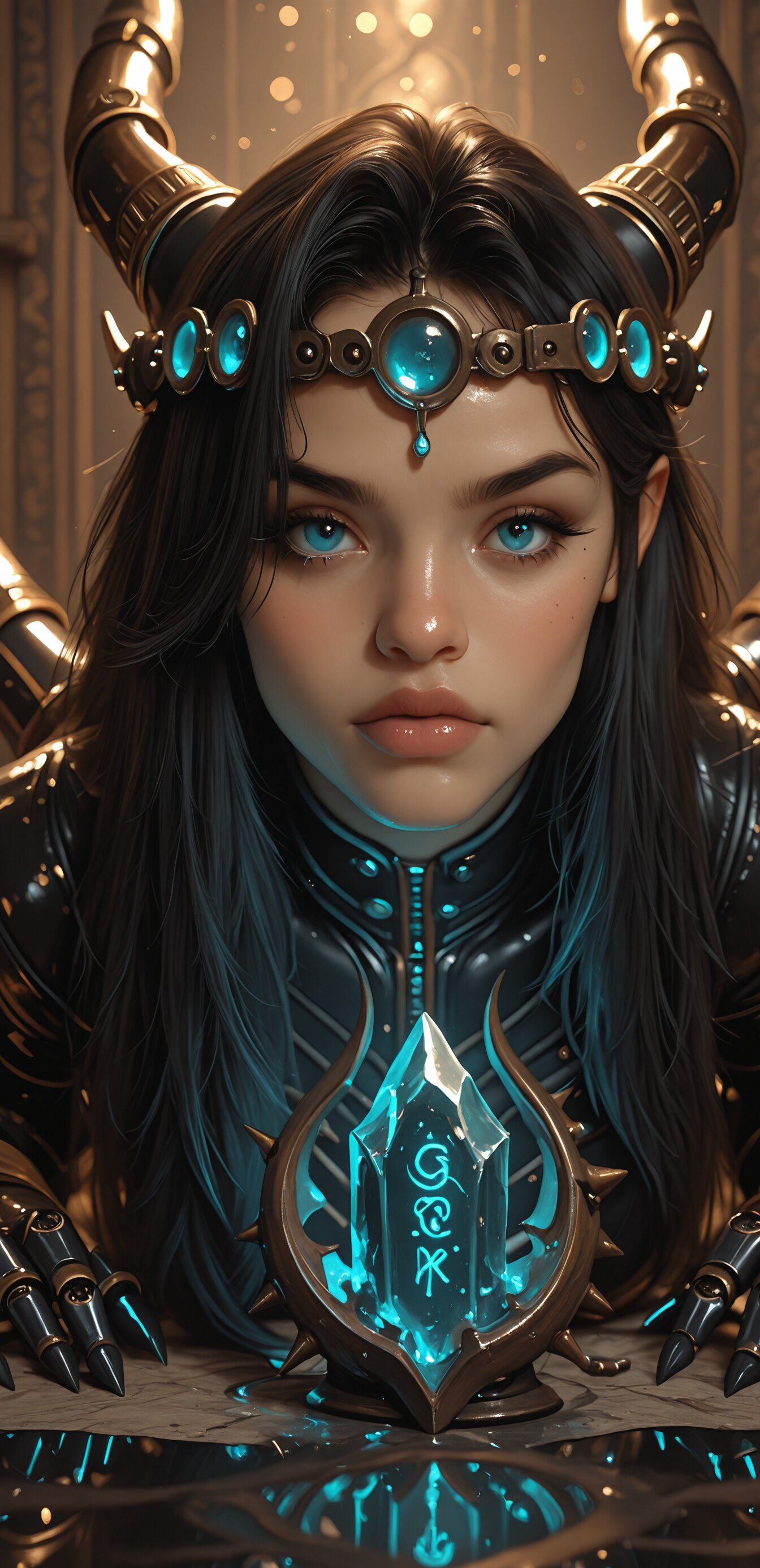 A close-up portrait of a beautiful woman with long black hair, piercing blue eyes, and large, dark horns. She is wearing a steampunk-inspired circlet with a blue gem and ornate dark armor.