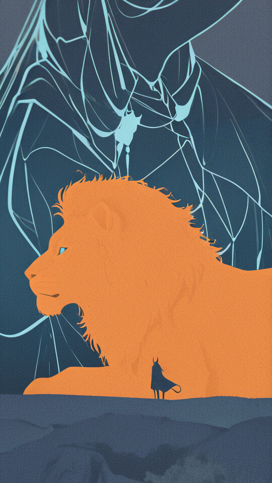 A fantasy illustration of a horned girl in a cape standing with a large black horned lion and a small cat, all in silhouette. A giant, light-brown lion with blue eyes looks on from the background.