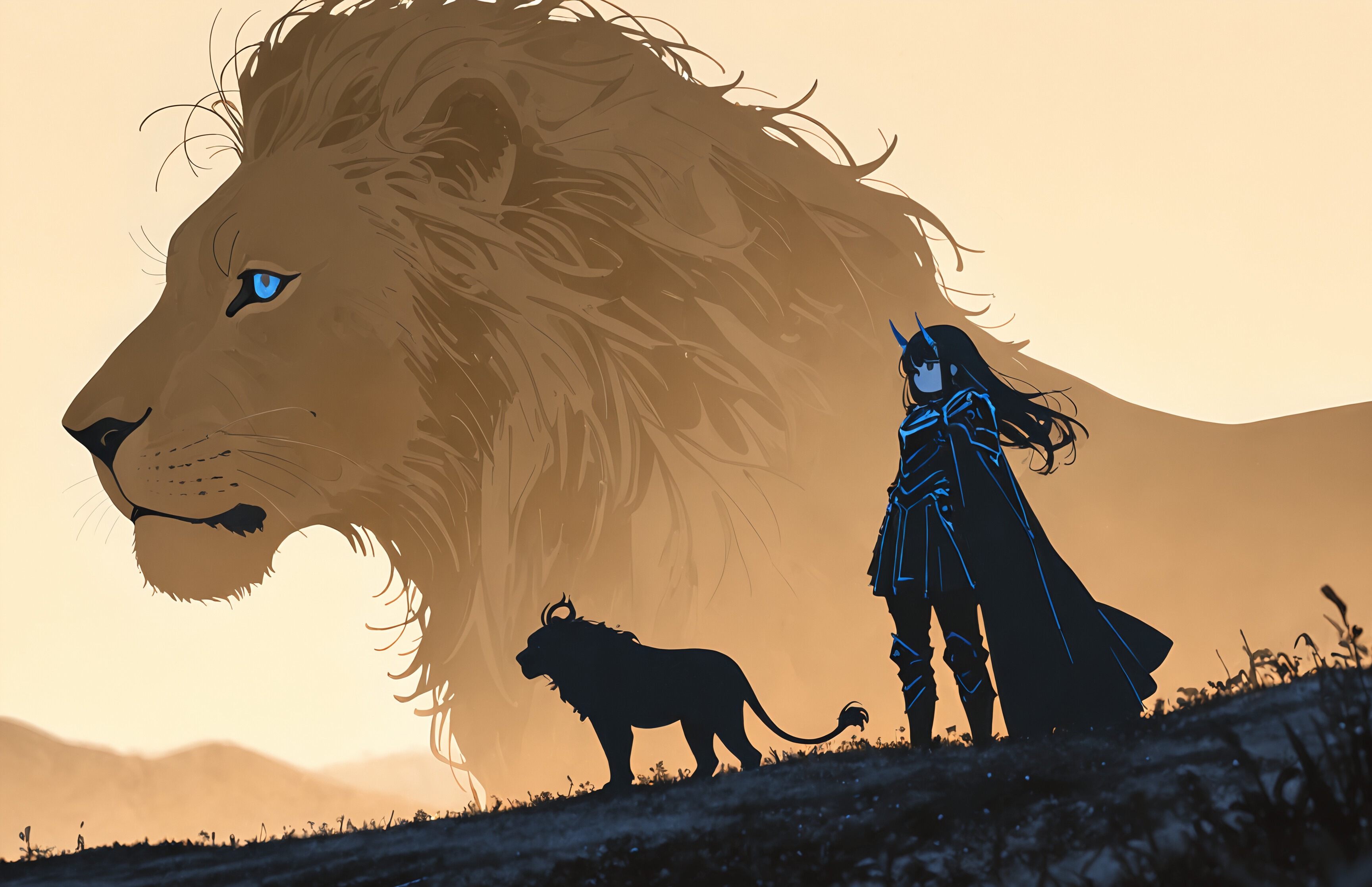 A fantasy illustration of a horned girl in a cape standing with a large black horned lion and a small cat, all in silhouette. A giant, light-brown lion with blue eyes looks on from the background.