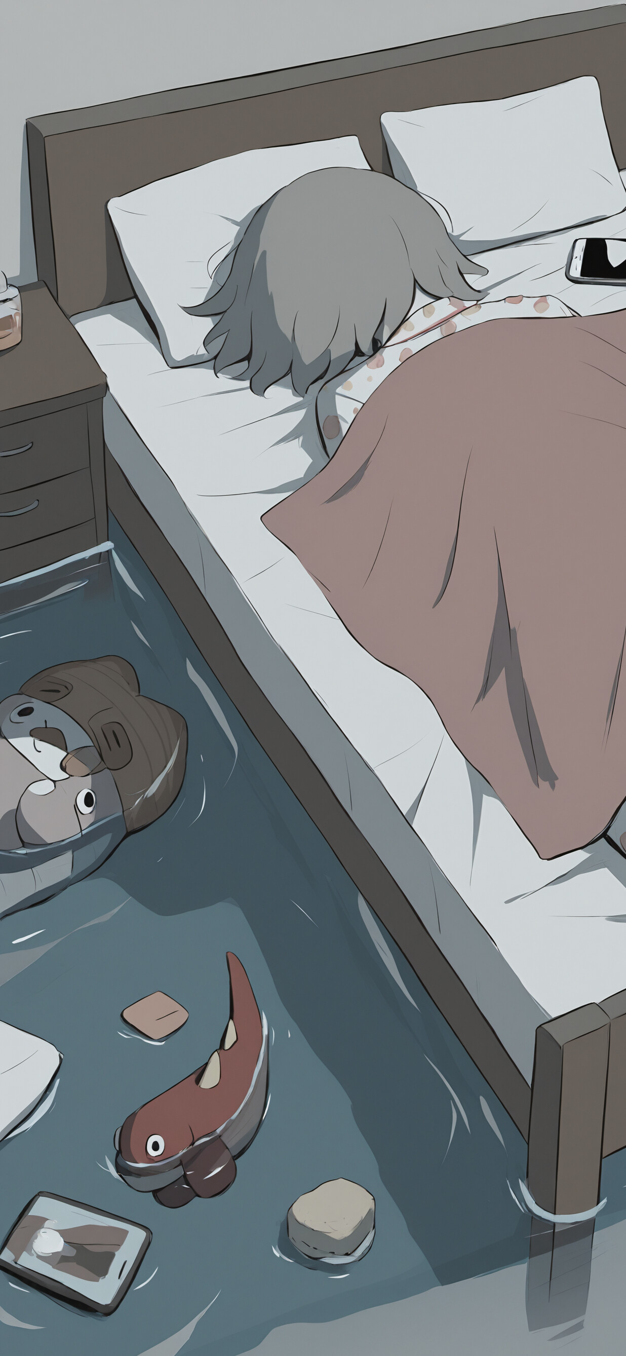 An illustration of a person with grey hair in pink pajamas lying motionless on a bed in a dimly lit room. A phone sits on the bedside table, and a stuffed animal and small white pills are scattered on the floor.