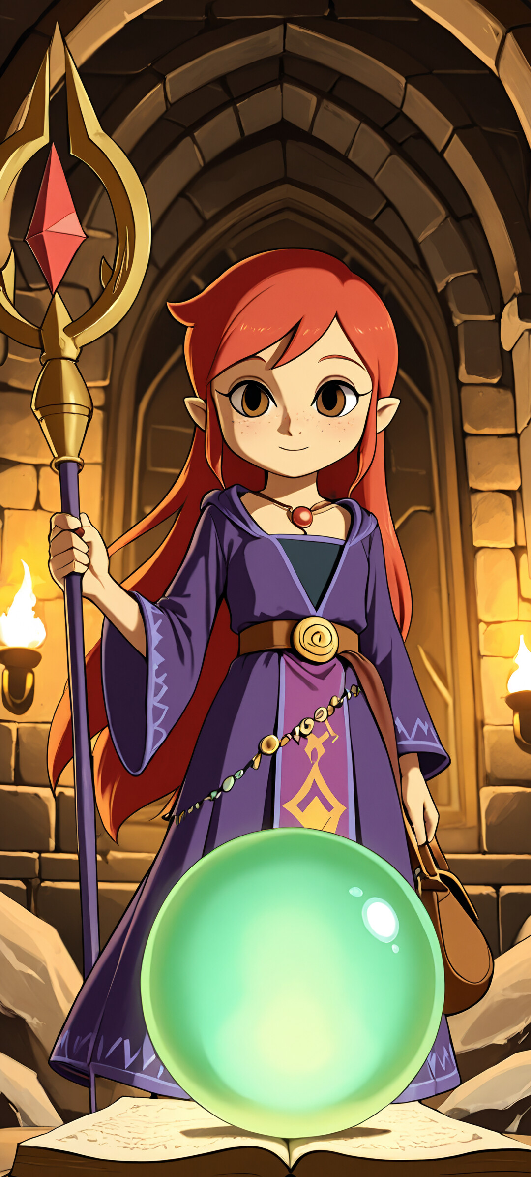 A digital illustration of The Magician from The Dungeon of Naheulbeuk, a young sorceress with long red hair and a purple hat, holding a golden staff with a green orb inside a stone room.