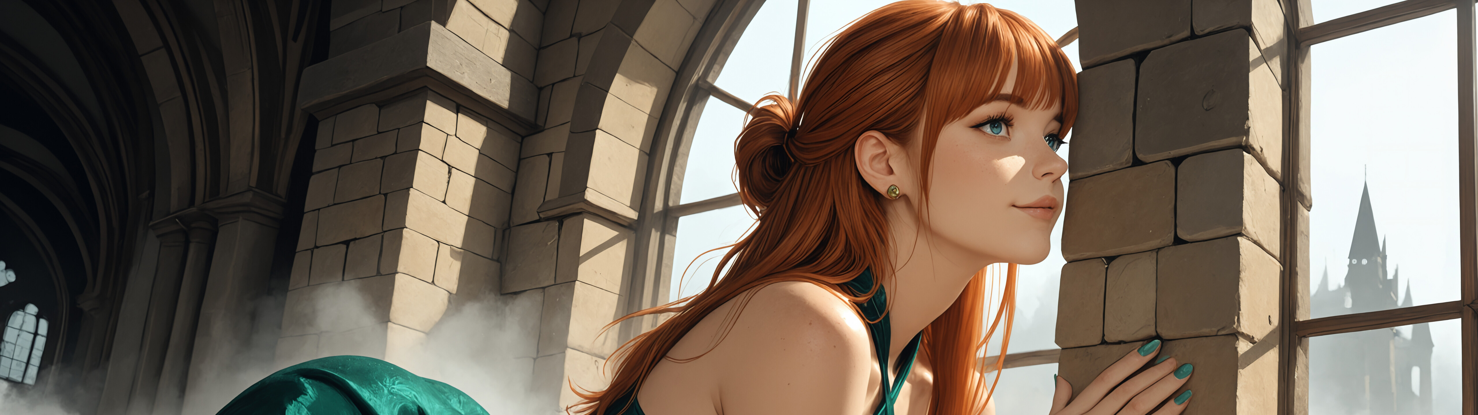 A beautiful digital portrait of a young woman with long red hair, blue eyes, and freckles, wearing a low-cut emerald green and gold medieval dress, posing in front of a large arched castle window with fog around her.