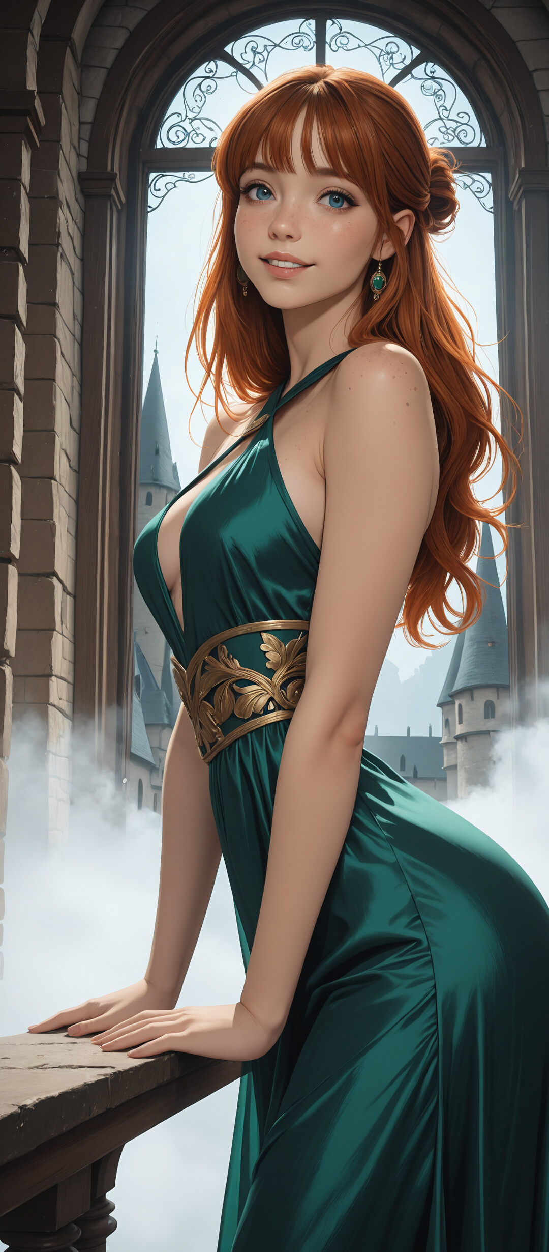 A beautiful digital portrait of a young woman with long red hair, blue eyes, and freckles, wearing a low-cut emerald green and gold medieval dress, posing in front of a large arched castle window with fog around her.