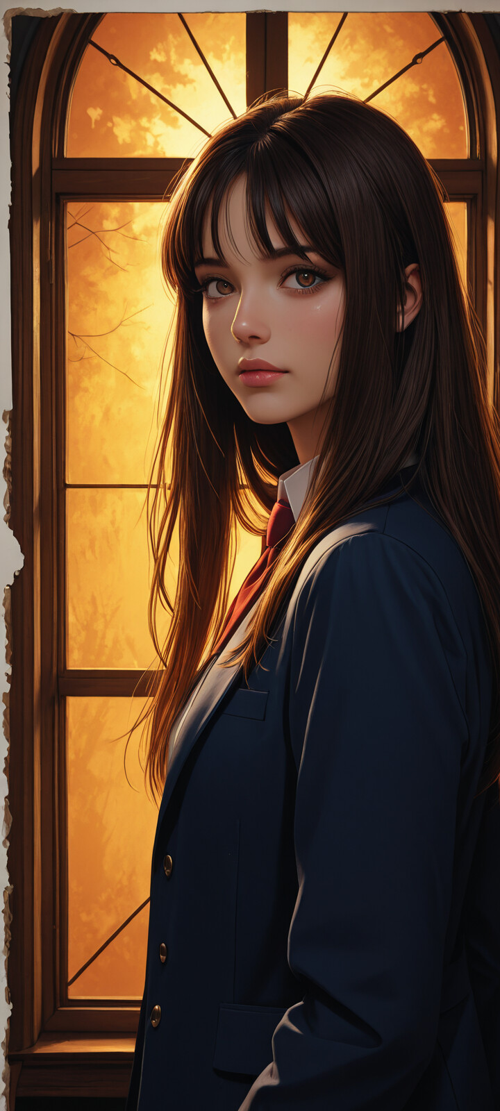 A digital portrait of a young woman with long dark hair and glowing amber eyes, wearing a dark high-collared blouse. She is positioned in front of a large, round, backlit orange window that forms a halo around her head.