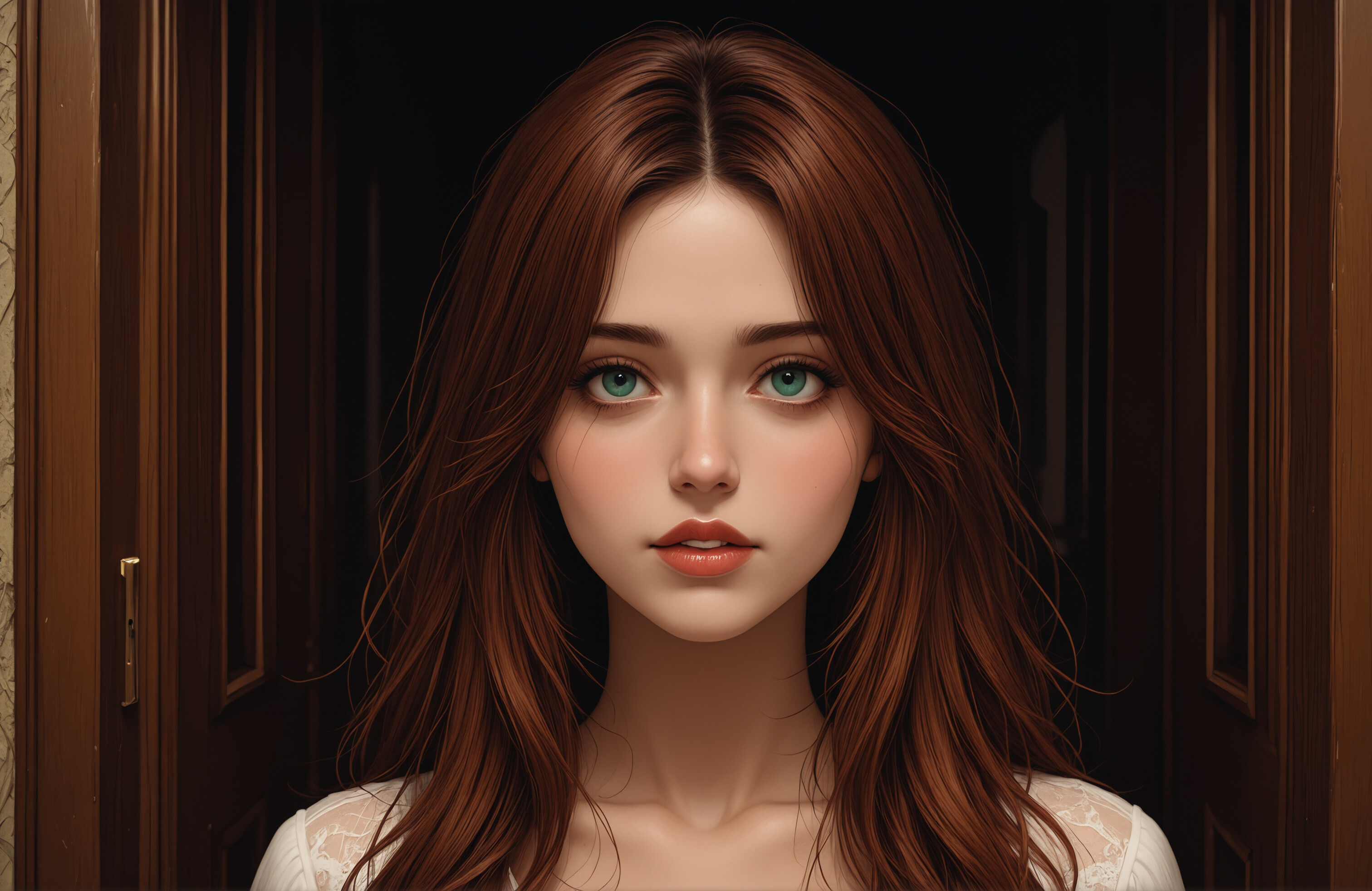 A digital portrait of a young woman with long dark hair and glowing amber eyes, wearing a dark high-collared blouse. She is positioned in front of a large, round, backlit orange window that forms a halo around her head.