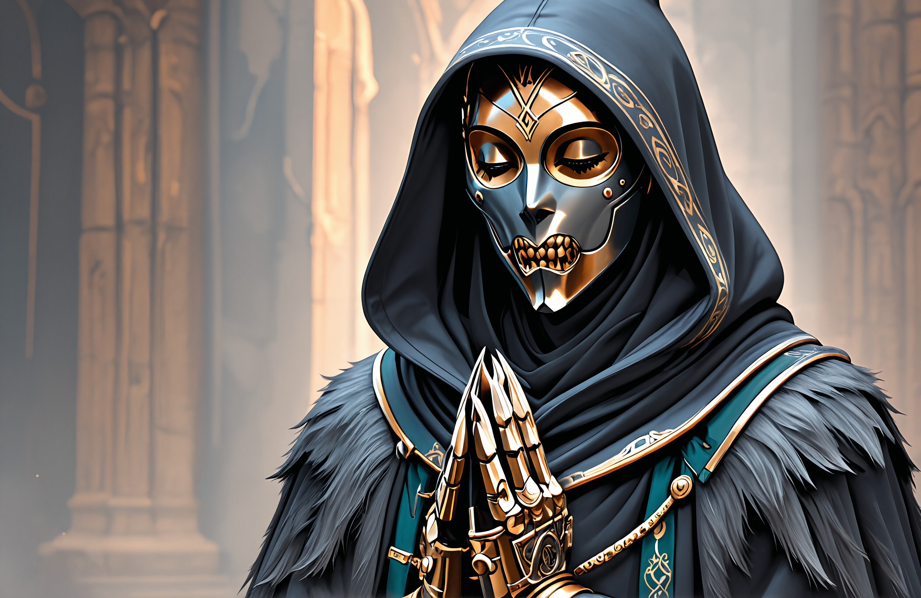 A person in a dark hooded robe wearing an intricate, dark metal mask with gold details, holding their hands together in prayer with their eyes closed.