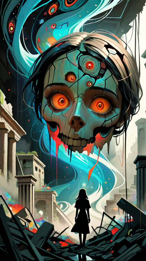 A digital illustration of a lone woman standing in the ruins of a city, facing a gigantic, floating, spherical creature covered in eyes. A column of orange, fiery energy connects the creature to the ground in front of her.