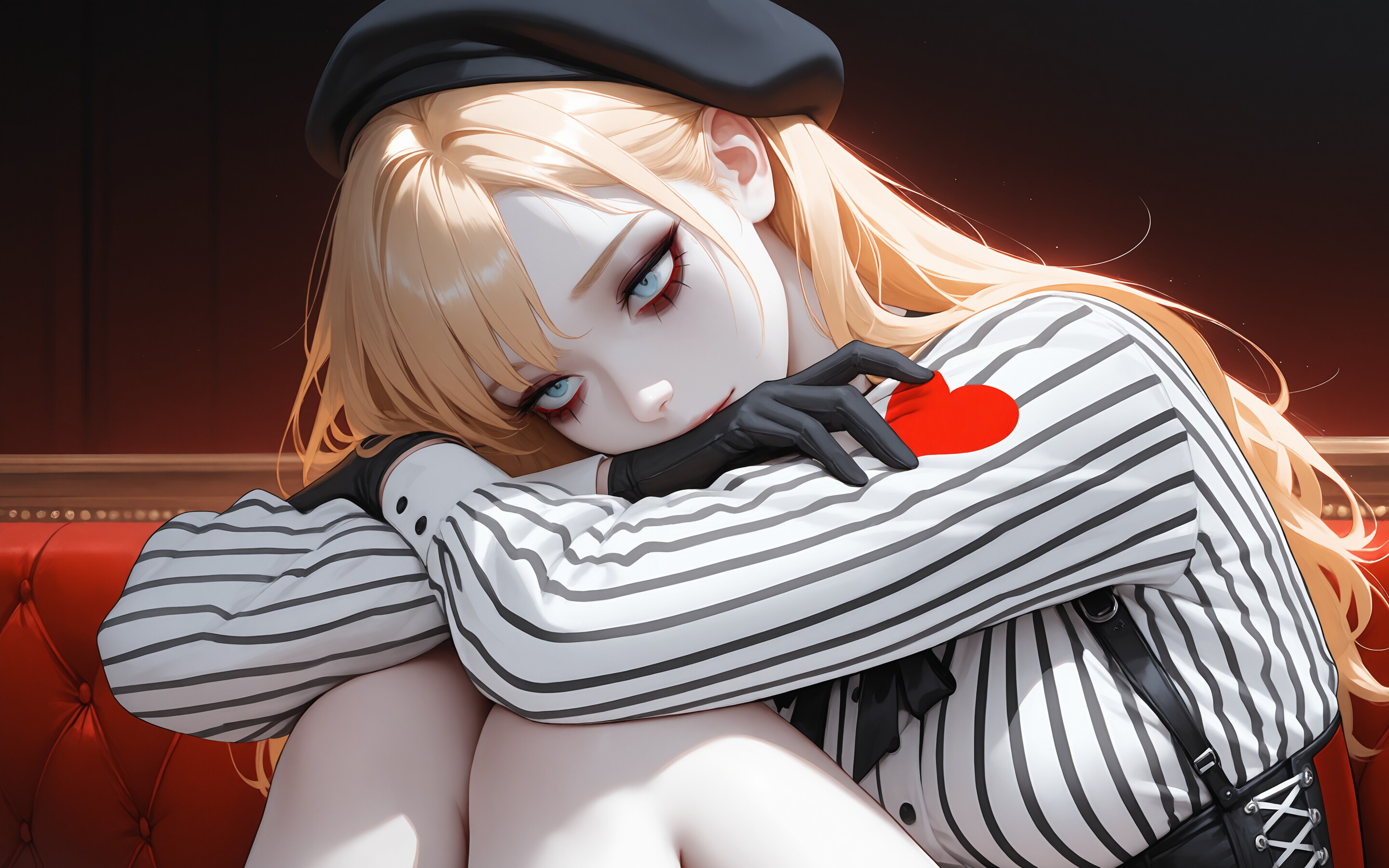 An illustration of a sad-looking young woman with blonde hair and blue eyes, dressed as a mime in a striped outfit, black beret with heart pins, and black gloves. She has dark, smeared makeup running down from her eyes and is resting her chin on her hands.