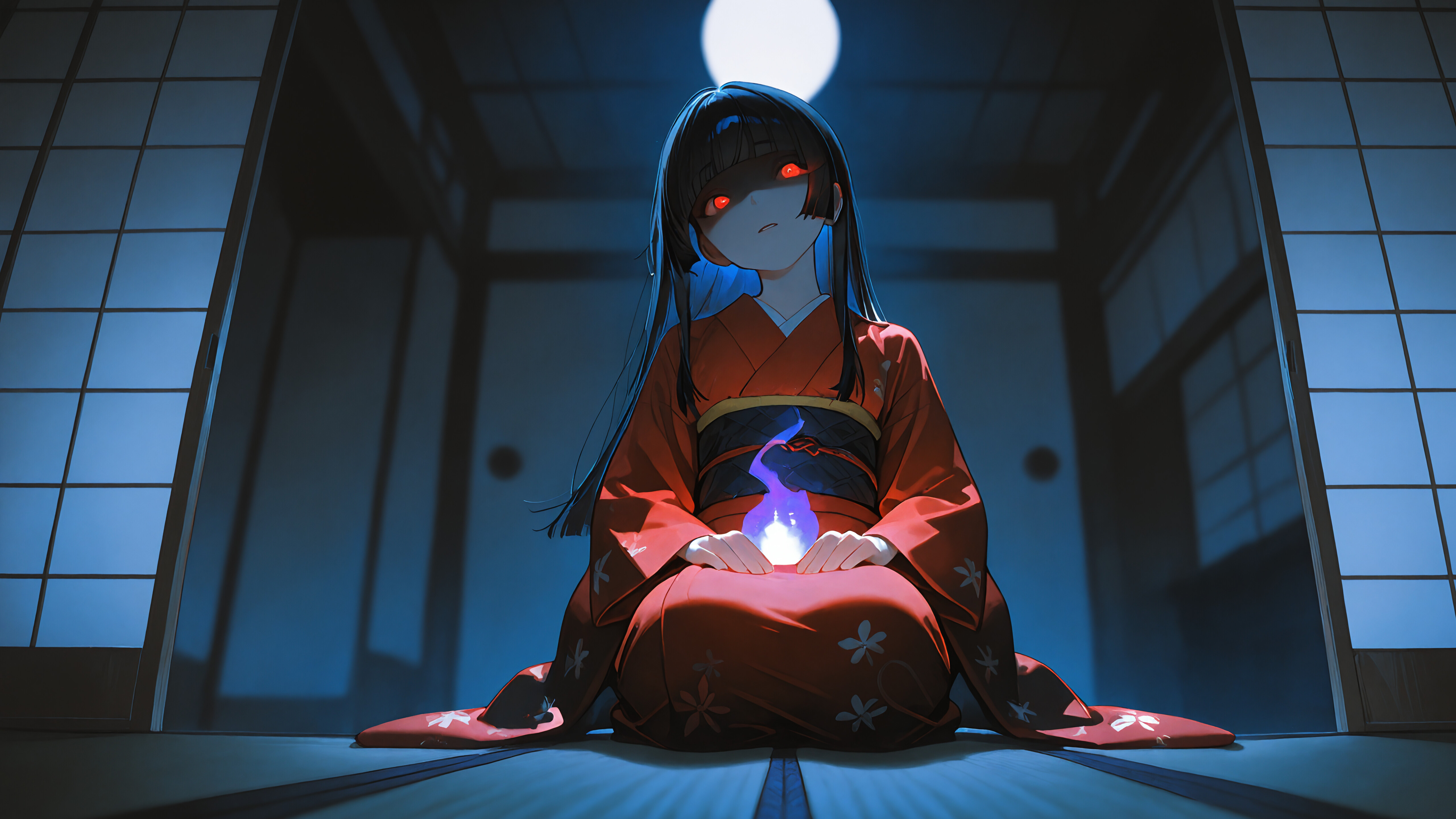 A low-angle shot of Enma Ai from Jigoku Shoujo kneeling in a dark Japanese room. She wears a red kimono, and her glowing red eyes stare menacingly from her shadowed face.