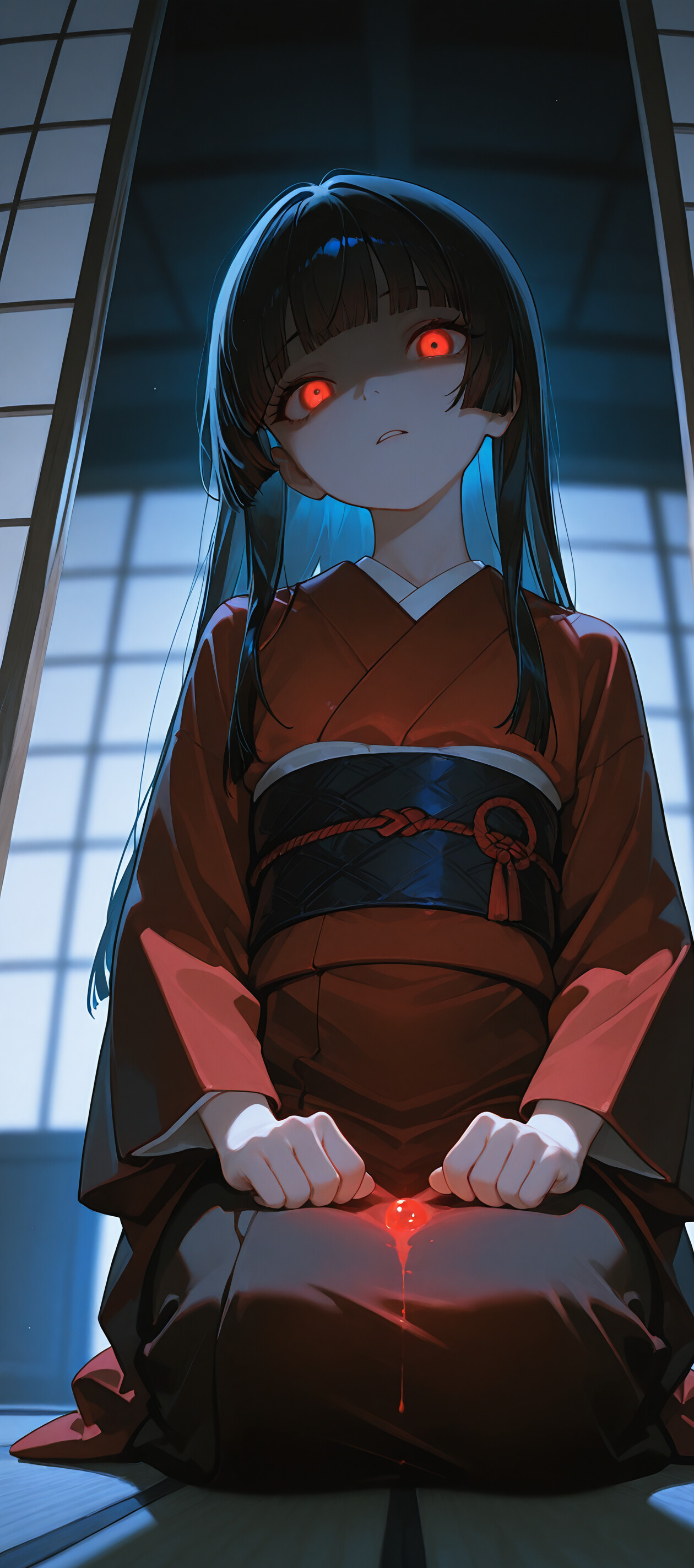 A low-angle shot of Enma Ai from Jigoku Shoujo kneeling in a dark Japanese room. She wears a red kimono, and her glowing red eyes stare menacingly from her shadowed face.