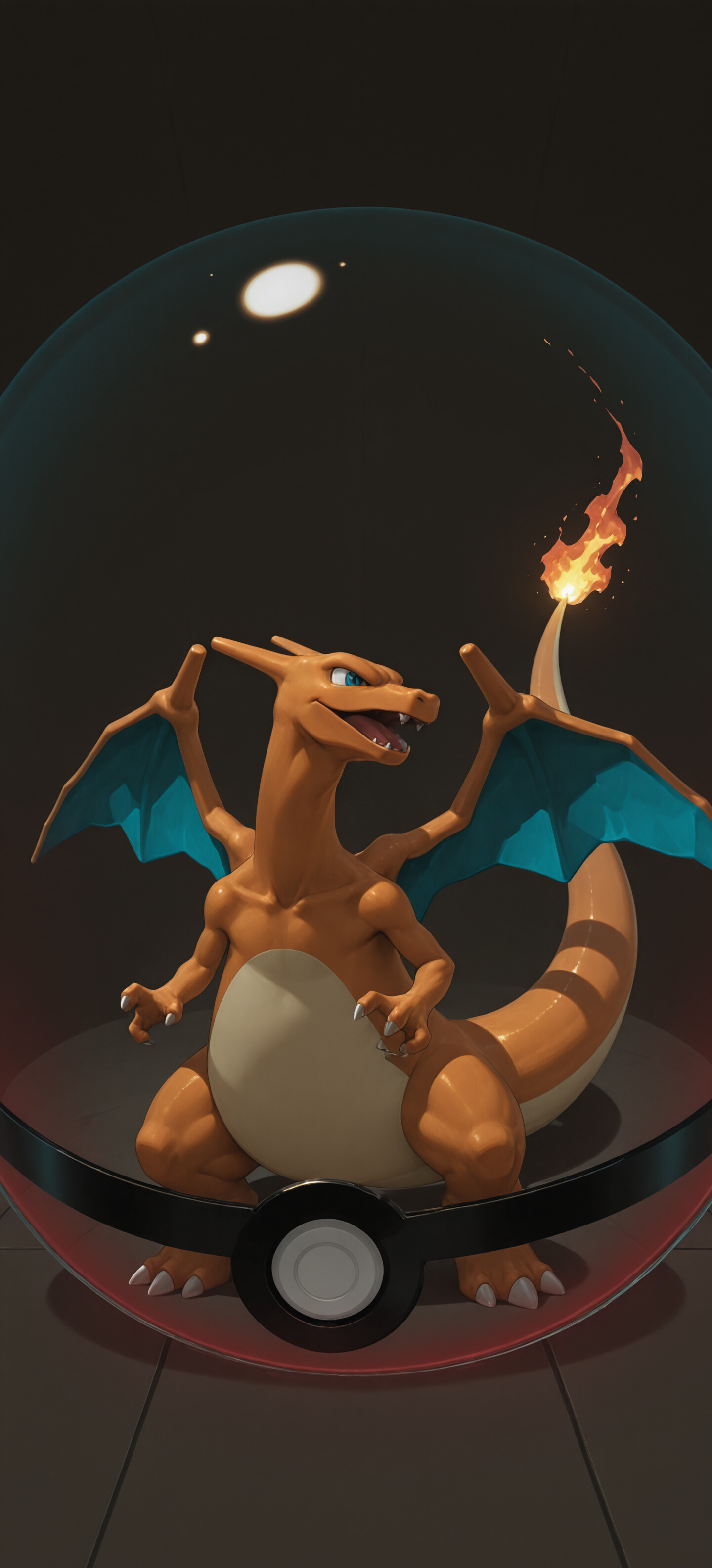A digital rendering of the Pokémon Charizard, an orange dragon-like creature, sitting inside a Poké Ball. The top half of the Poké Ball is a clear glass dome, and the flame on Charizard's tail is lit.