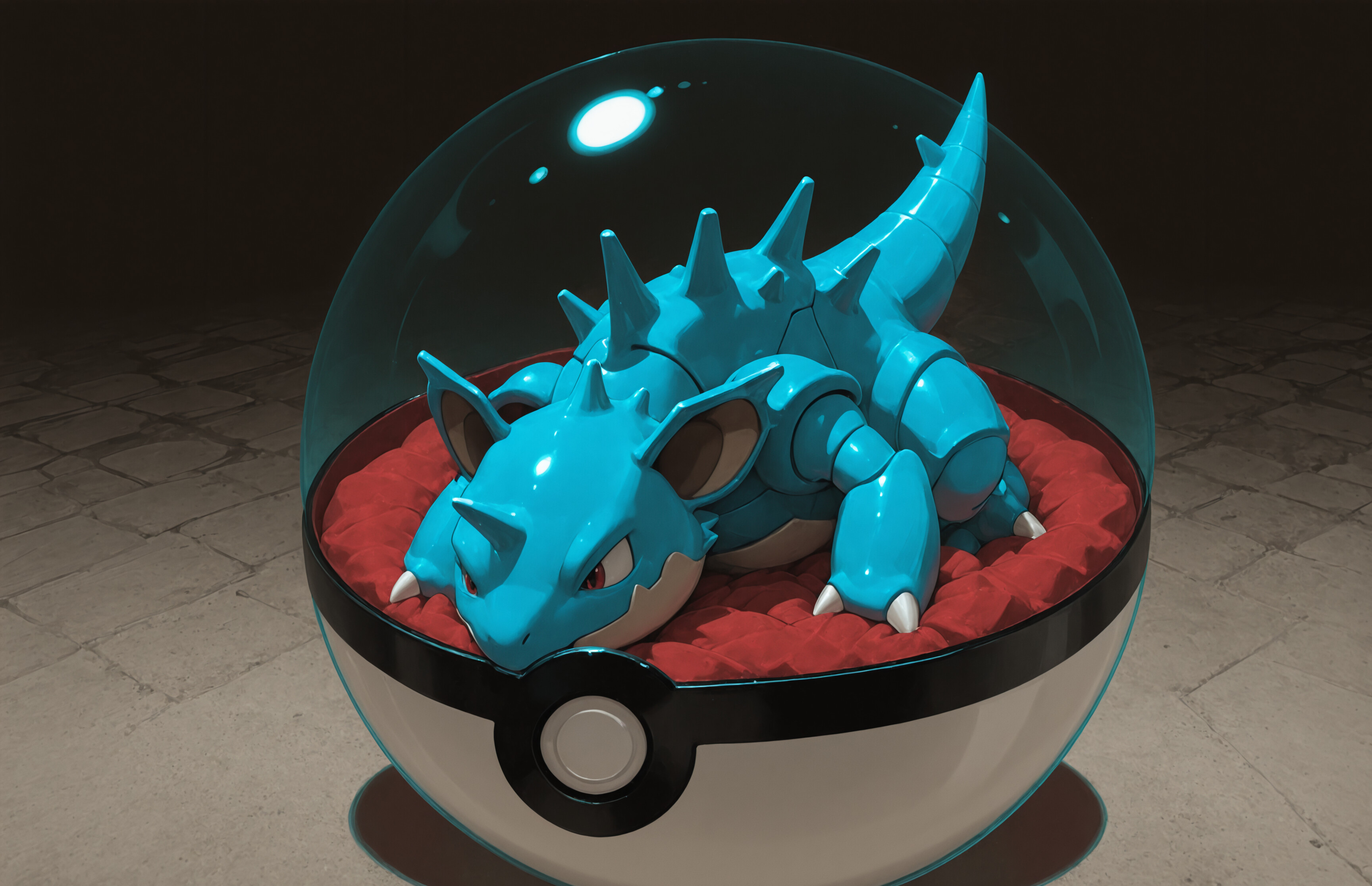 A digital illustration of the Pokémon Nidoking, a large purple bipedal creature with spikes and a horn, standing inside a transparent Poké Ball that is glowing with a bright blue light from the bottom.