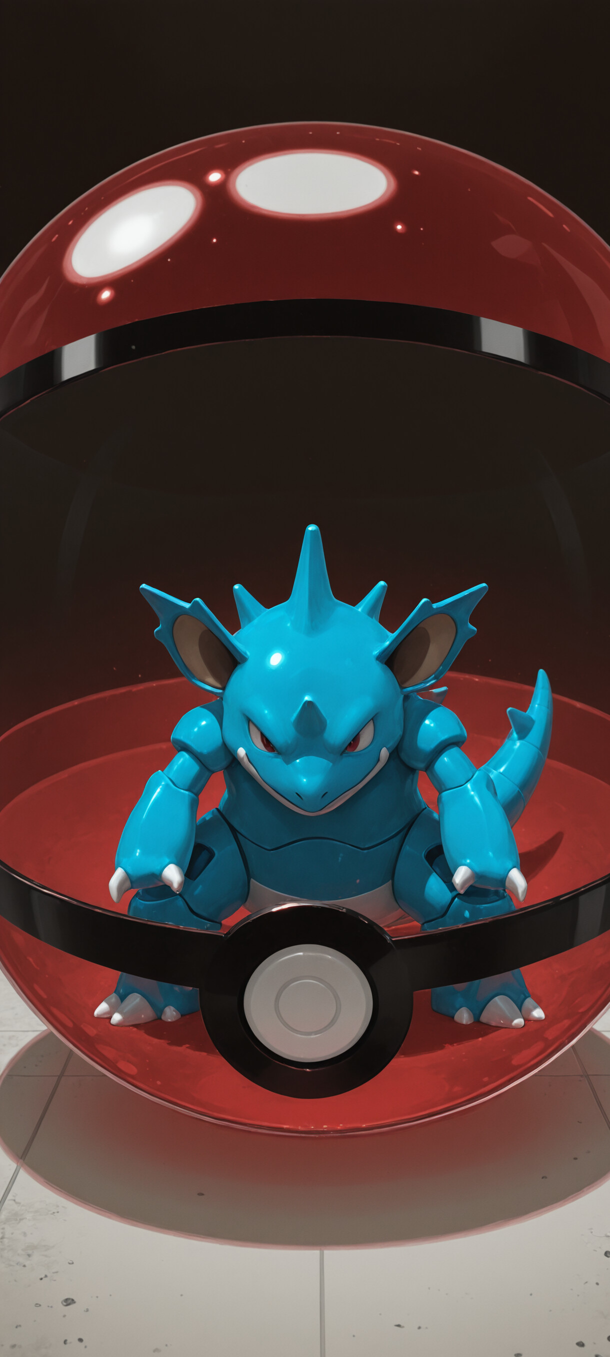 A digital illustration of the Pokémon Nidoking, a large purple bipedal creature with spikes and a horn, standing inside a transparent Poké Ball that is glowing with a bright blue light from the bottom.