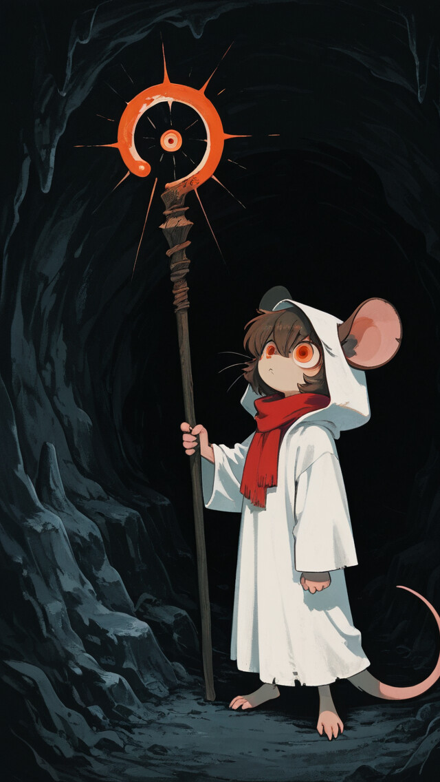 An anthropomorphic mouse wearing a white hooded robe and red scarf stands in a dark cave, holding a wooden staff that emits a bright orange, spiral-shaped magical glow.