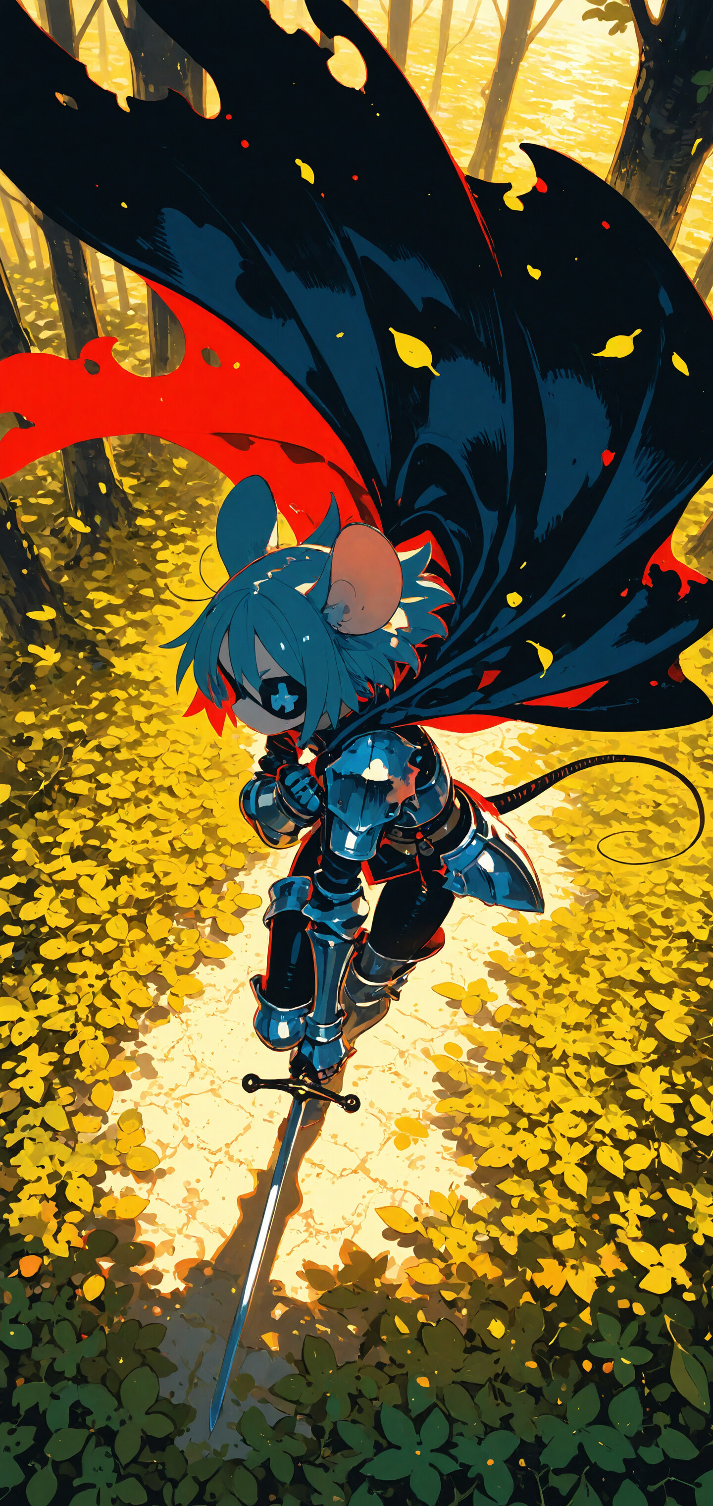 A full-body illustration of an anthropomorphic mouse girl knight with white hair and an eyepatch, viewed from above. She stands in a forest on a bed of yellow leaves, wearing black armor and a large black cape, holding a sword.