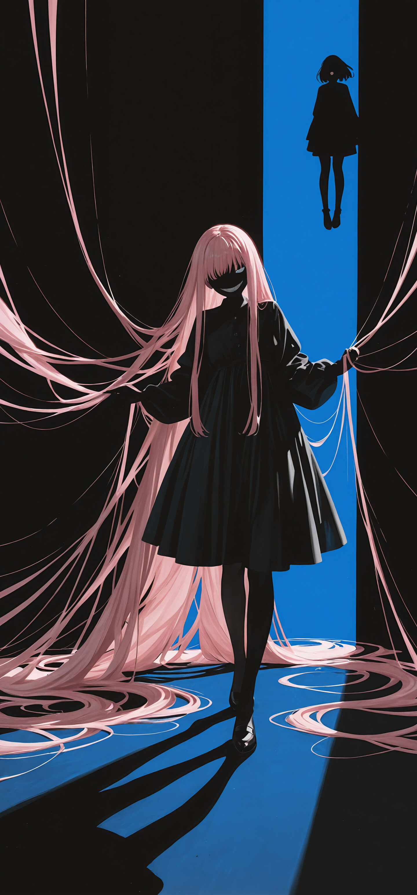 An anime-style illustration of a woman with absurdly long pink hair wearing a black dress. She stands in a spotlight against a black background and holds a small puppet that looks like her but with a wide, eerie smile.