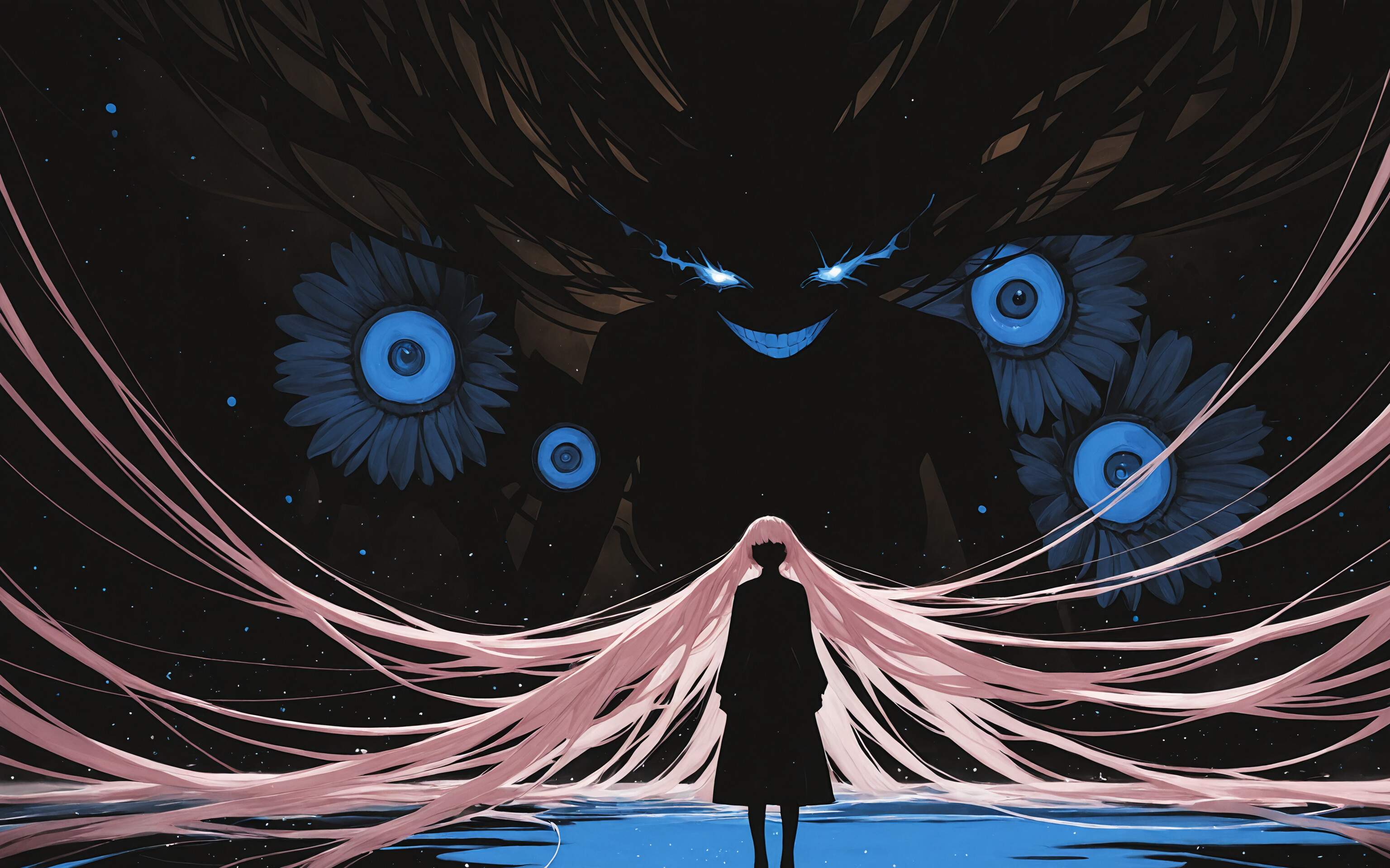 An anime-style illustration of a woman with absurdly long pink hair wearing a black dress. She stands in a spotlight against a black background and holds a small puppet that looks like her but with a wide, eerie smile.