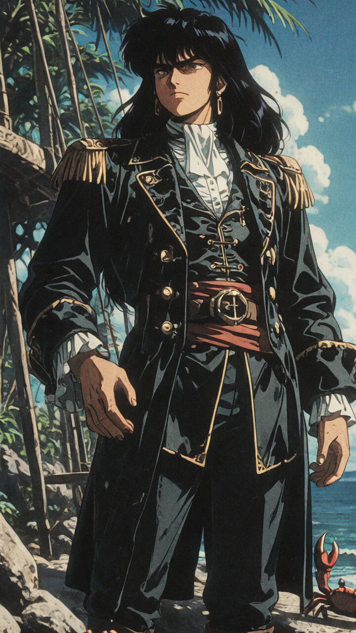 A female anime character with long black hair, dressed as a pirate aristocrat, stands at a harbor. She wears a dark coat, a ruffled shirt, and a striking red clawed gauntlet on her left hand.