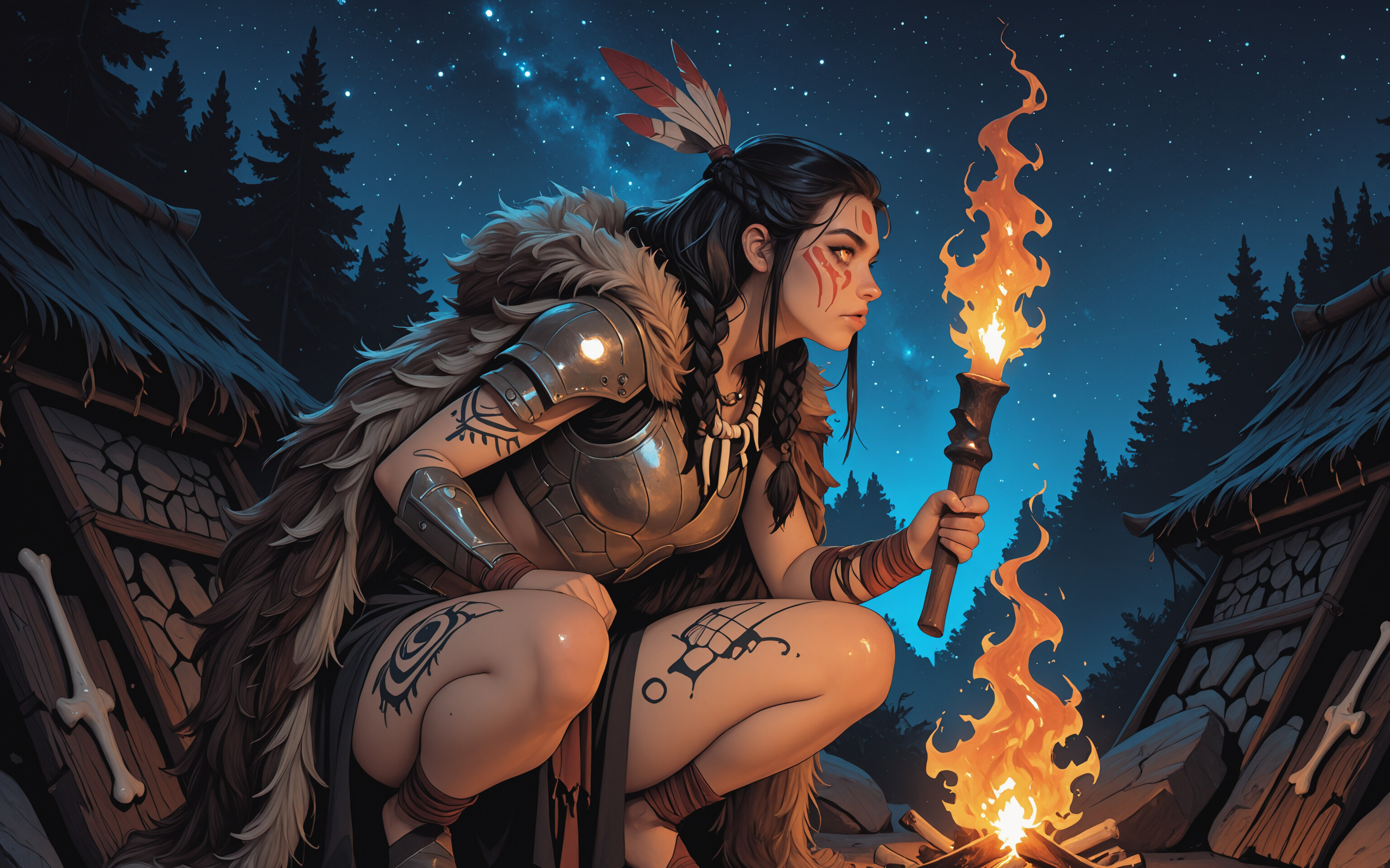 A full-body illustration of a female tribal warrior in steel armor and a fur cloak, holding a flaming torch in a village at night with a starry sky above.