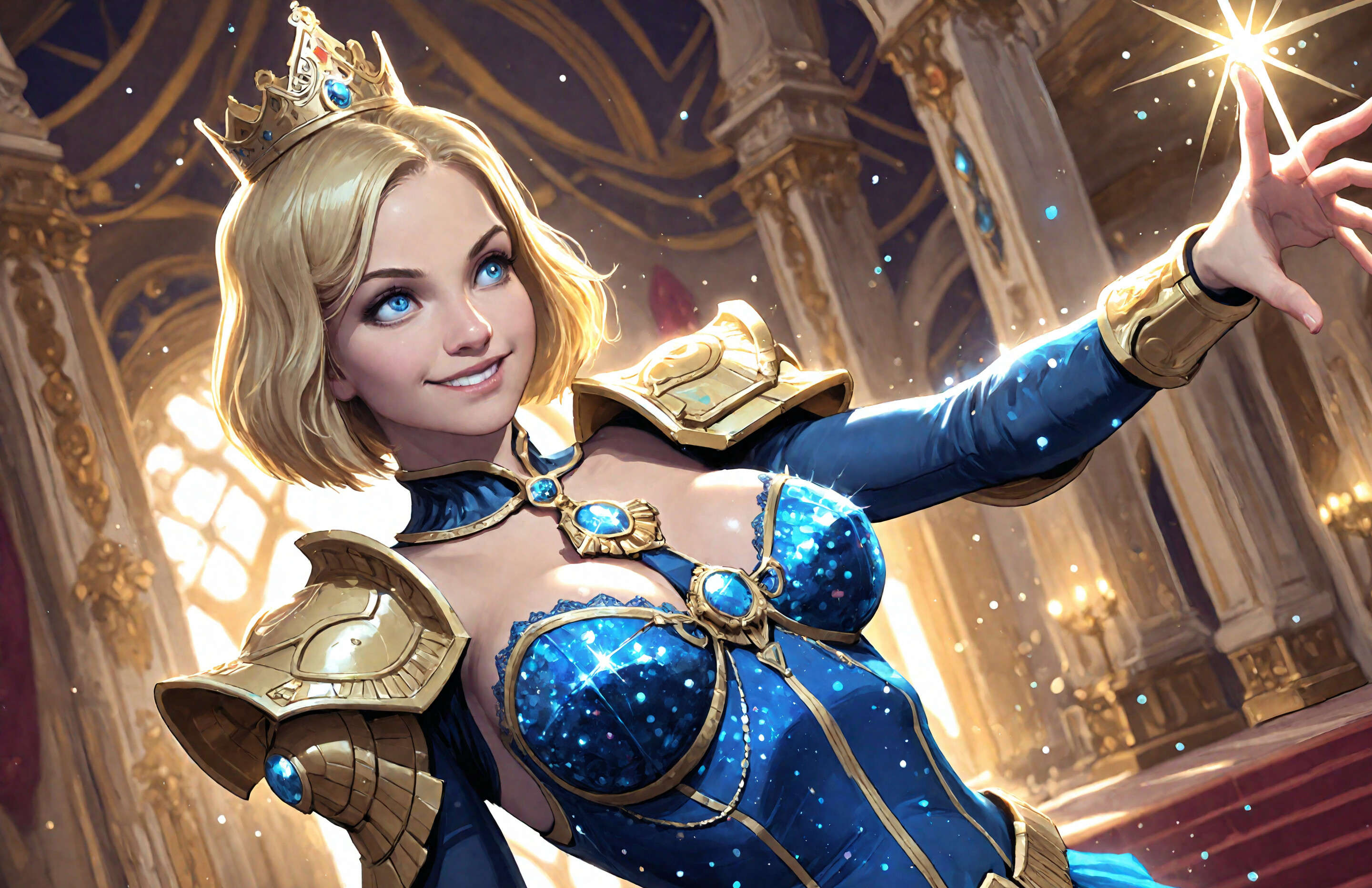 A digital painting of a princess with short blonde hair and blue eyes, wearing a gold crown, gold pauldrons, and a sparkling blue gown inside a grand palace hall.