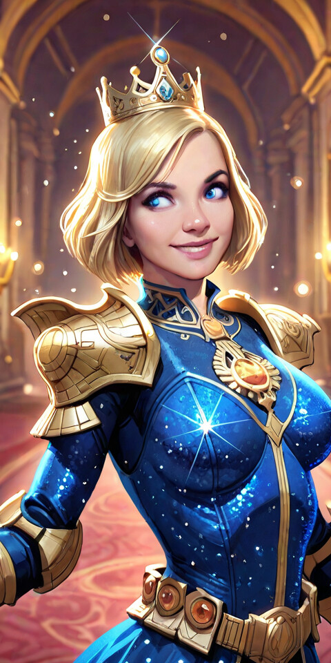A digital painting of a princess with short blonde hair and blue eyes, wearing a gold crown, gold pauldrons, and a sparkling blue gown inside a grand palace hall.